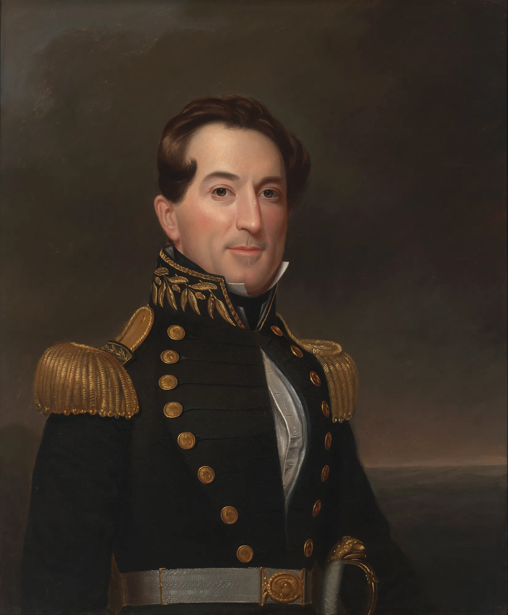 David Glasgow Farragut David Glasgow Farragut by William Swain. A formal three-quarter portrait of David Glasgow Farragut in a dark blue naval uniform with gold epaulettes and buttons, set against a dark atmospheric sky.