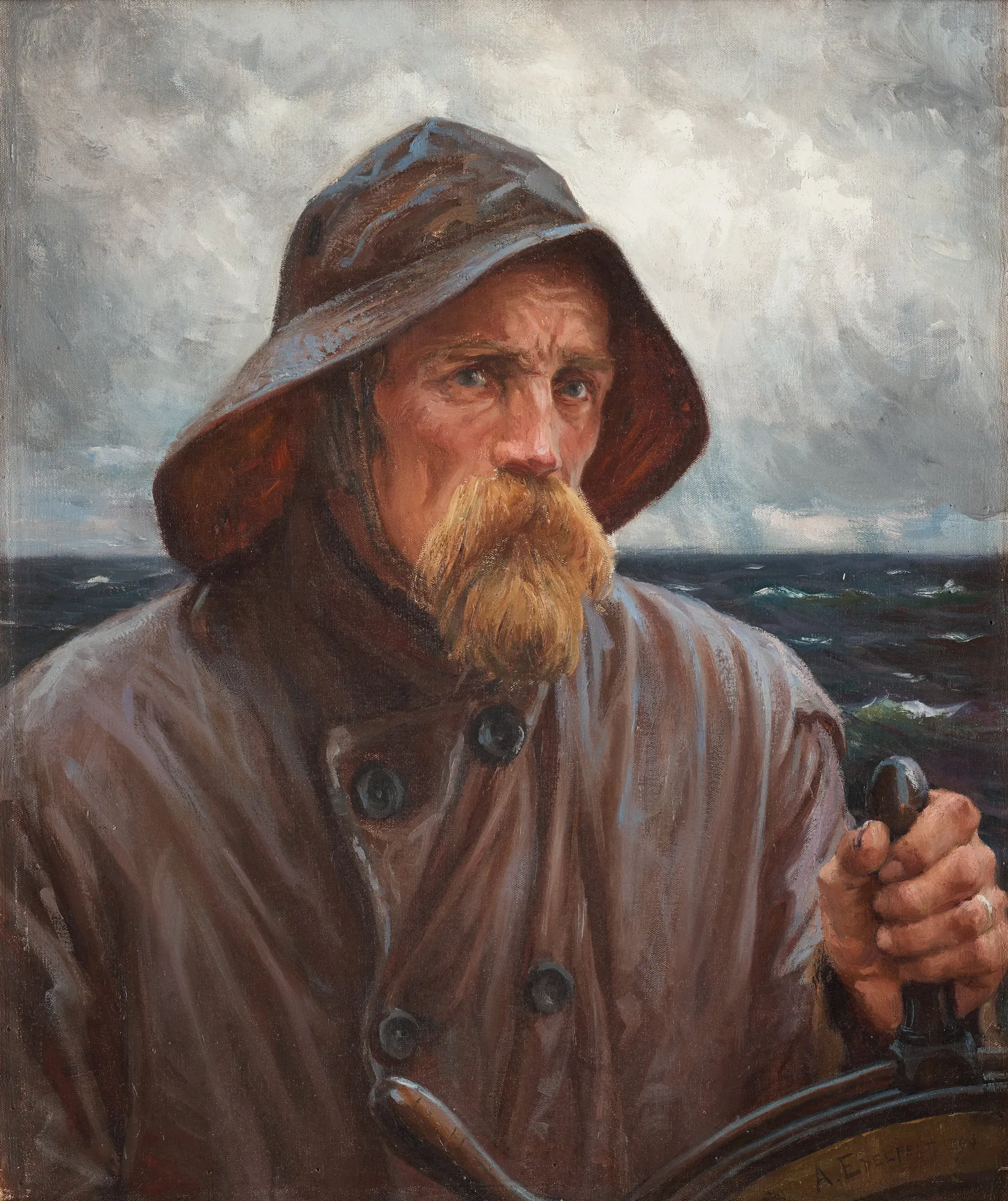 Helmsman (Sailor from Uusimaa) Helmsman (Sailor from Uusimaa) by Albert Edelfelt. A weathered sailor with a blonde beard and oilskin hat grips a ship's wheel against a backdrop of stormy gray seas.