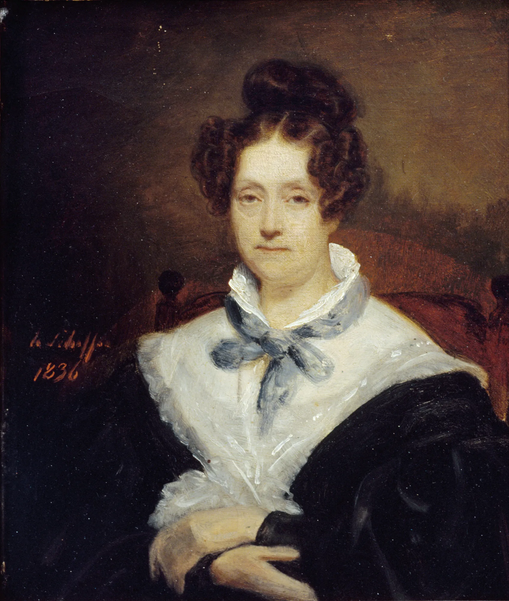 Portrait of Cornélia Scheffer-Lamme Portrait of Cornélia Scheffer-Lamme by Hendrik Scheffer. An oil portrait of a woman with her hair in a high bun, wearing a black dress with a wide lace collar and a blue ribbon bow.