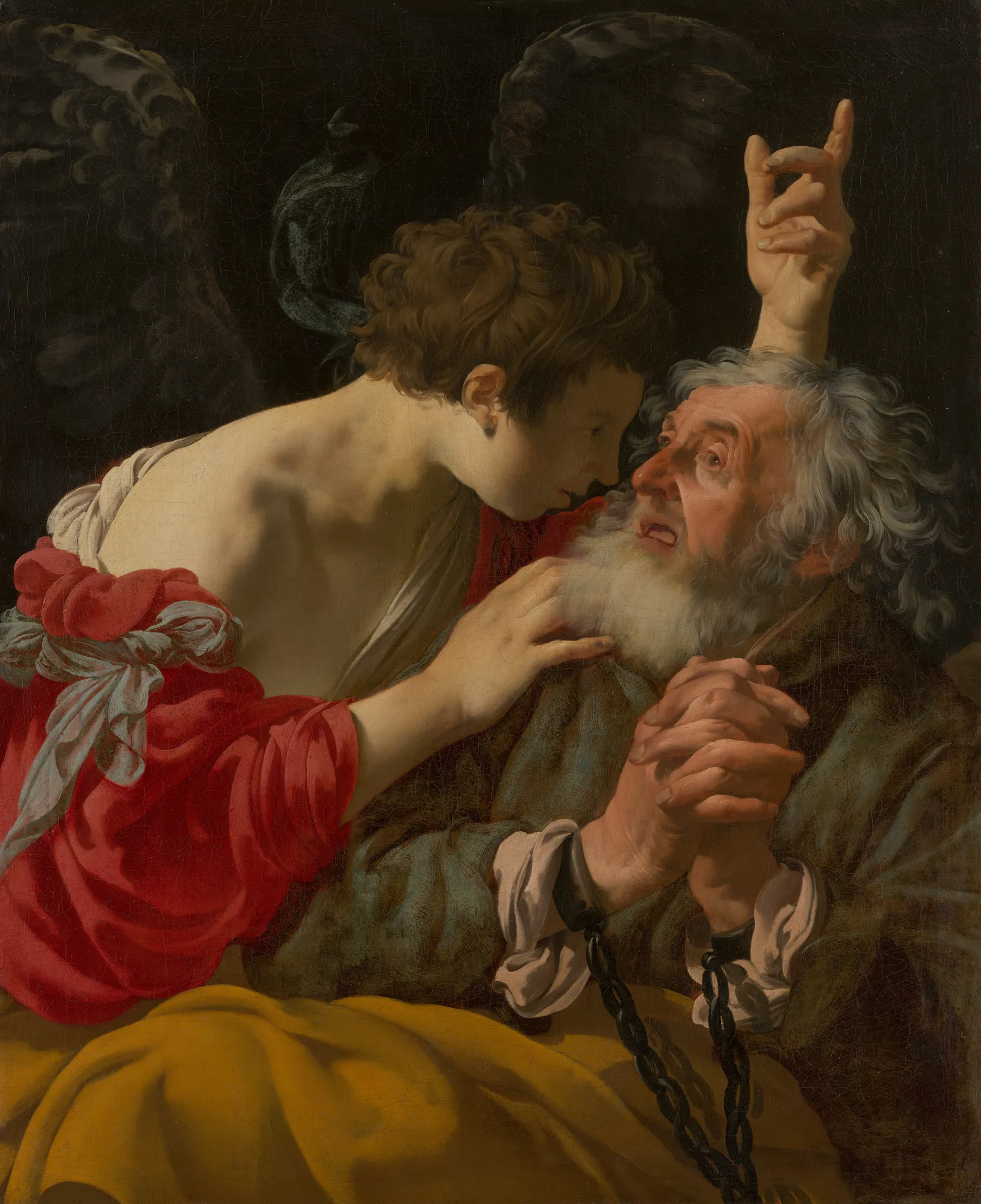 The Liberation of Saint Peter The Liberation of Saint Peter by Hendrick ter Brugghen. A luminous angel leans toward a chained and startled Saint Peter against a dark, shadowy background.