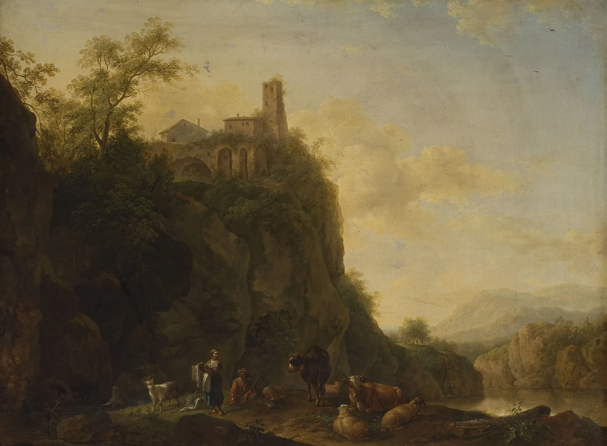 Mountain Landscape with Cattle Mountain Landscape with Cattle by Joseph Roos. A pastoral landscape featuring a towering cliff with stone ruins overlooking a valley where shepherds and cattle rest by a river.