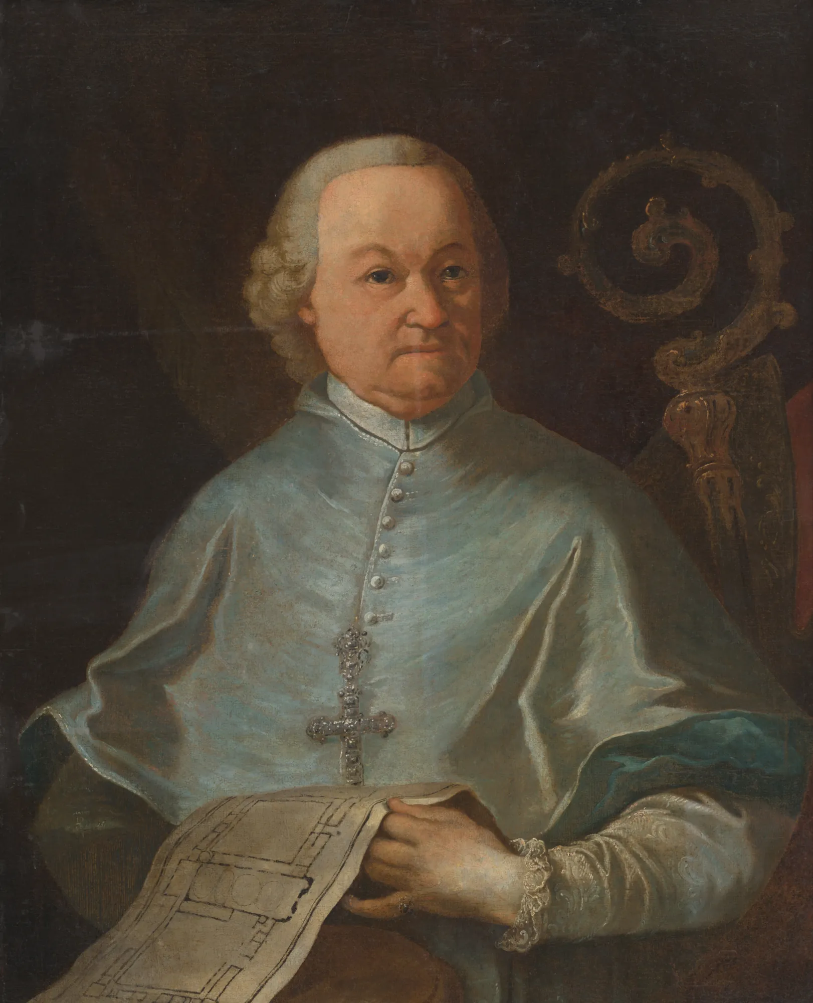 Portrait of Abbot Andrej Sauberer Portrait of Abbot Andrej Sauberer by Johann Lucas Kracker. A waist-length formal portrait of a clergyman in blue vestments holding an architectural floor plan.