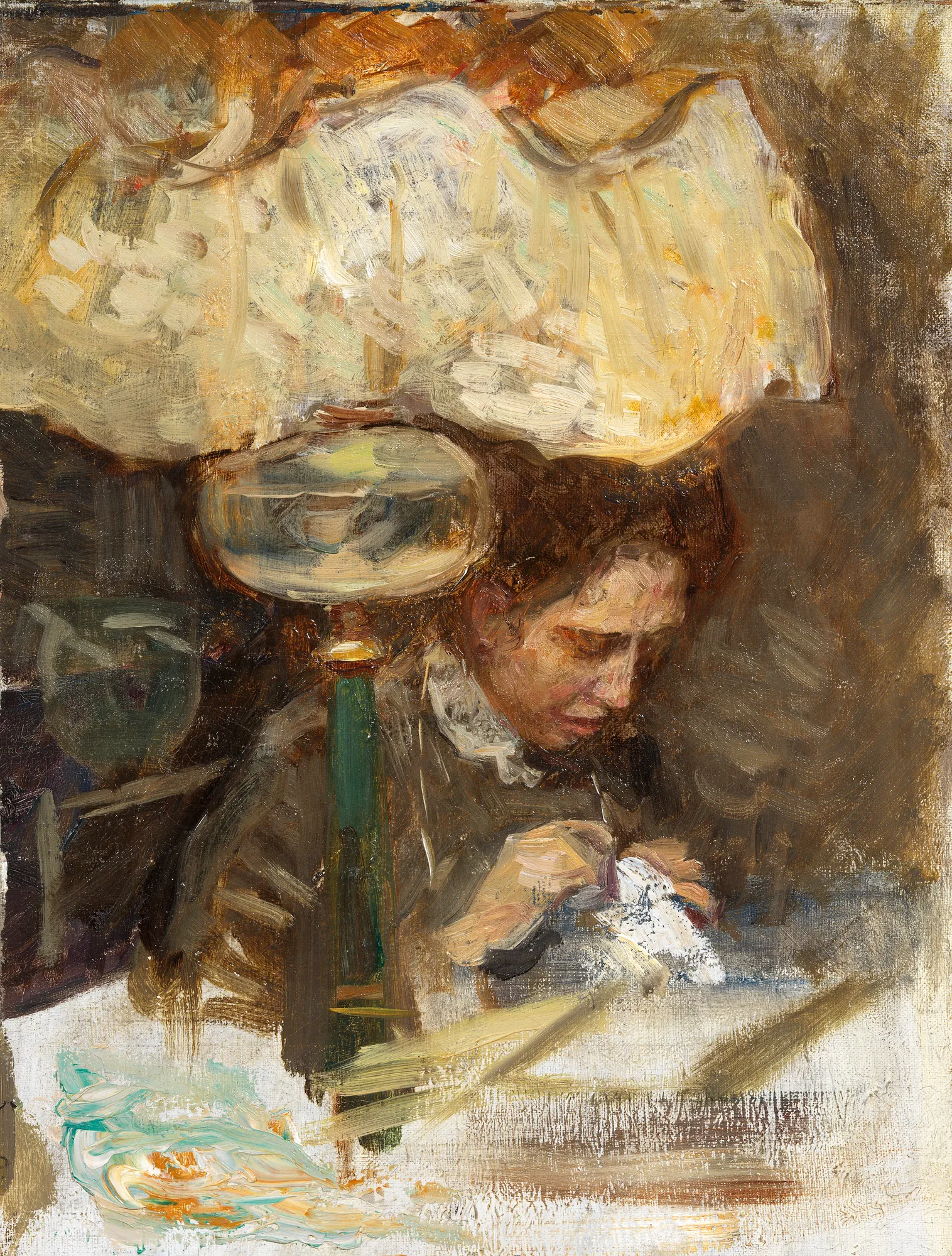 Study for Friends: Nanna Bendixson Study for Friends: Nanna Bendixson by Hanna Hirsch-Pauli. An impressionistic oil study of a woman sitting in profile, focused on her work beneath the warm, glowing light of a large lamp.