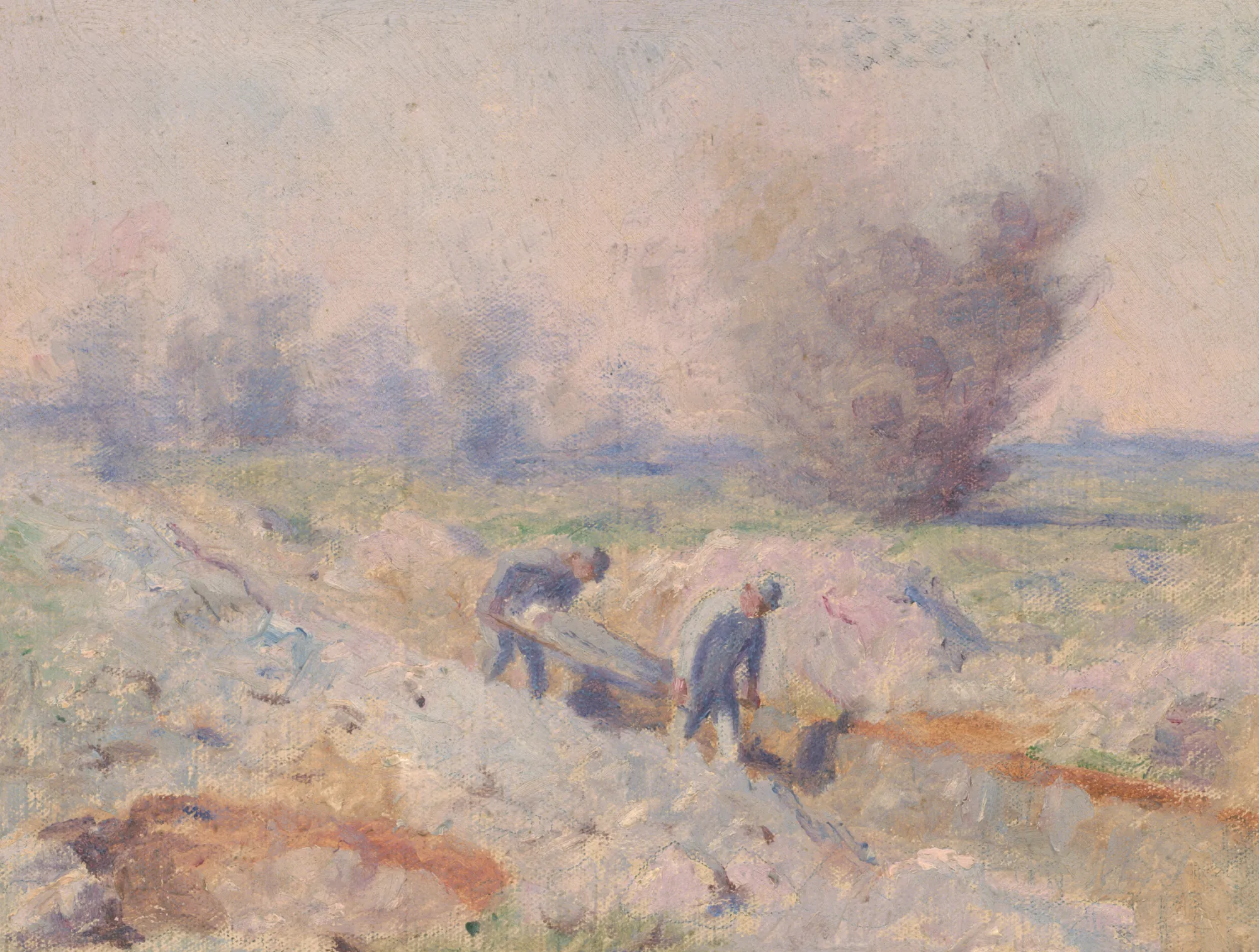 From the Italian Front VII From the Italian Front VII by Dezider Czölder. An impressionistic oil painting depicting two figures working in a pale, excavated landscape under a hazy sky of soft pinks and blues.