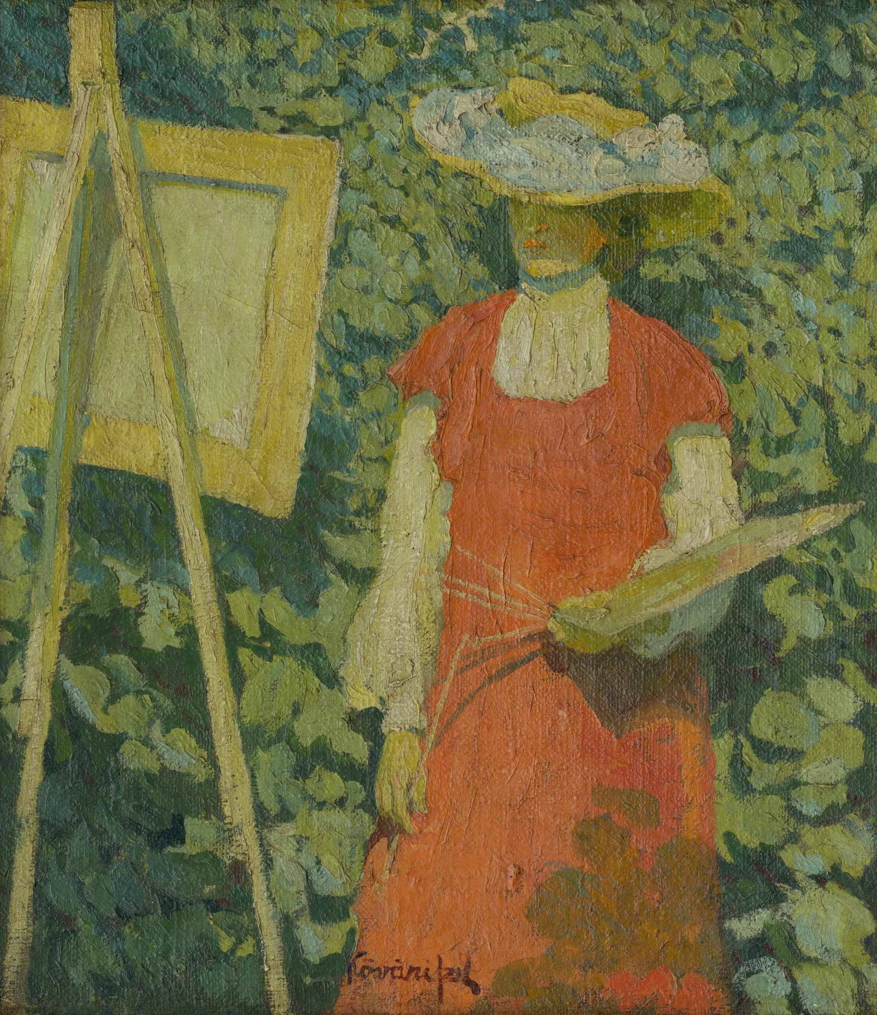 Maliarka (The Painter) Maliarka (The Painter) by Konštantín Kővári-Kačmarik. A woman in a red dress and a large sun hat stands next to an easel in a lush green garden setting.
