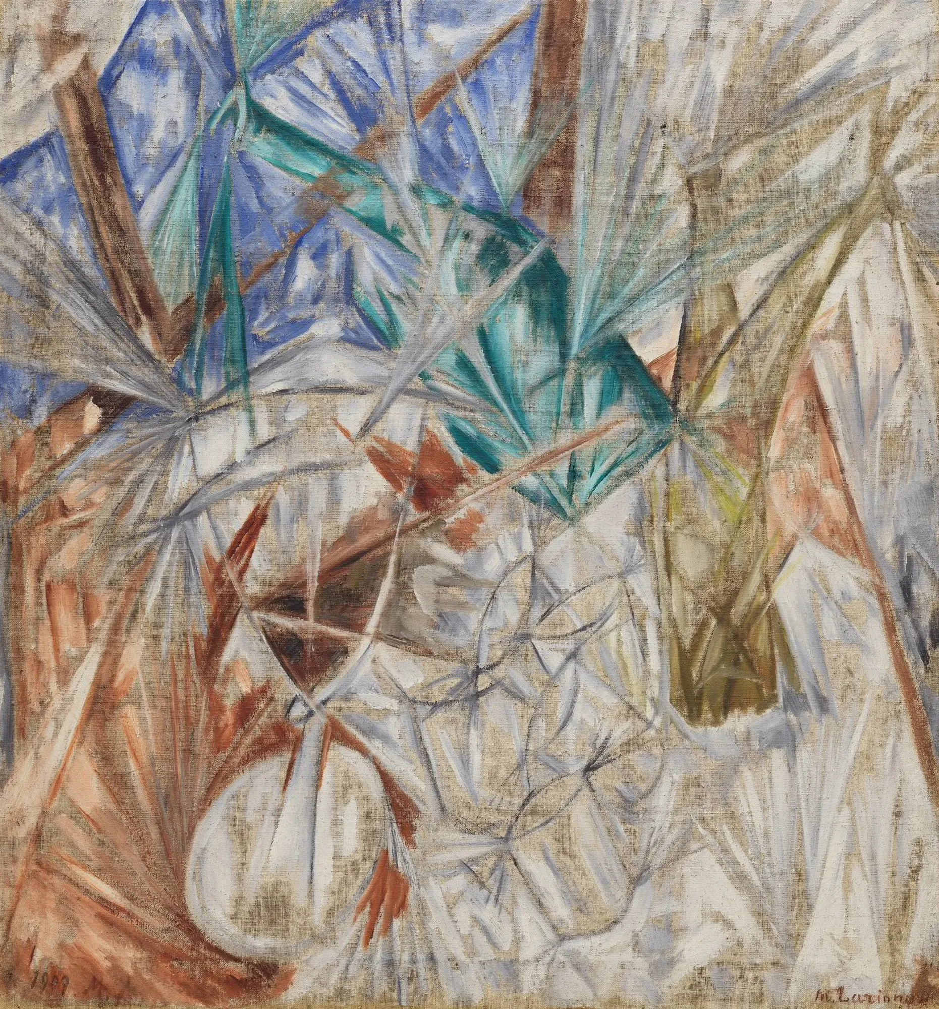 Glass Glass by Mikhail Larionov. An abstract composition featuring intersecting rays of blue, teal, and brown light, suggesting the refractive qualities of glass.