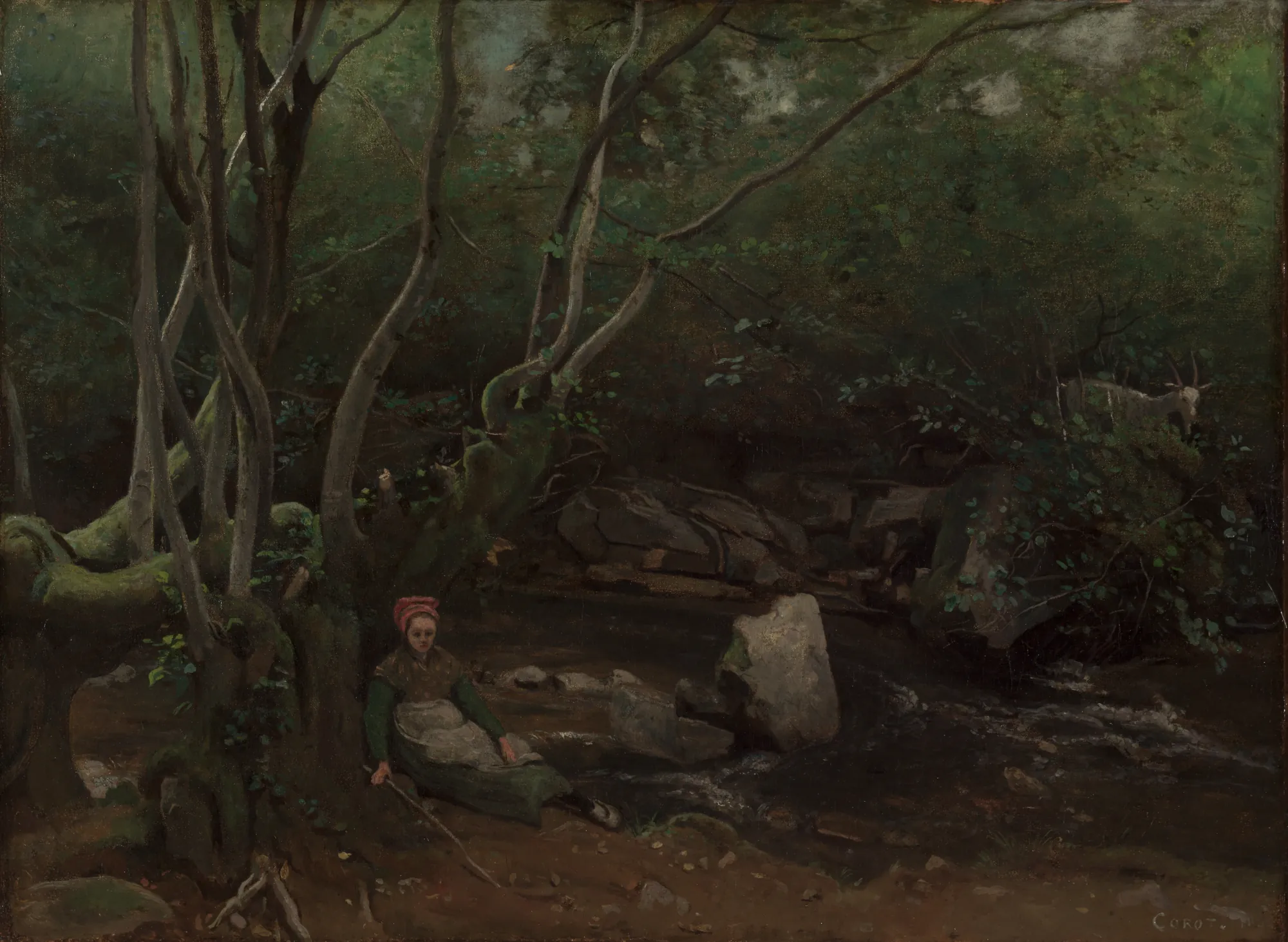 Goat Girl Sitting Beside a Stream in a Forest, Lormes