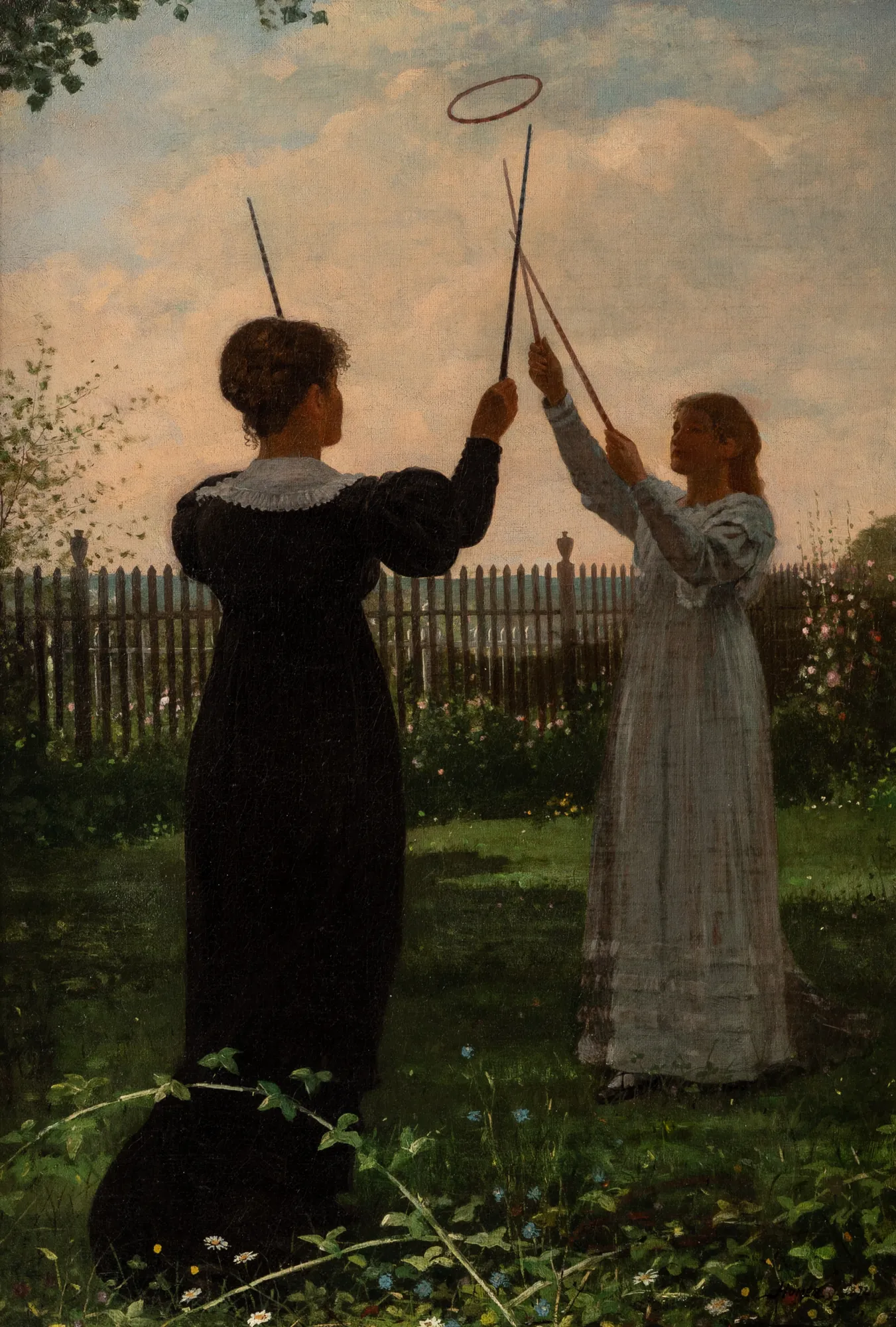 Grace Hoops Grace Hoops by Winslow Homer. Two young women play a game of Graces in a lush garden setting against an atmospheric twilight sky.