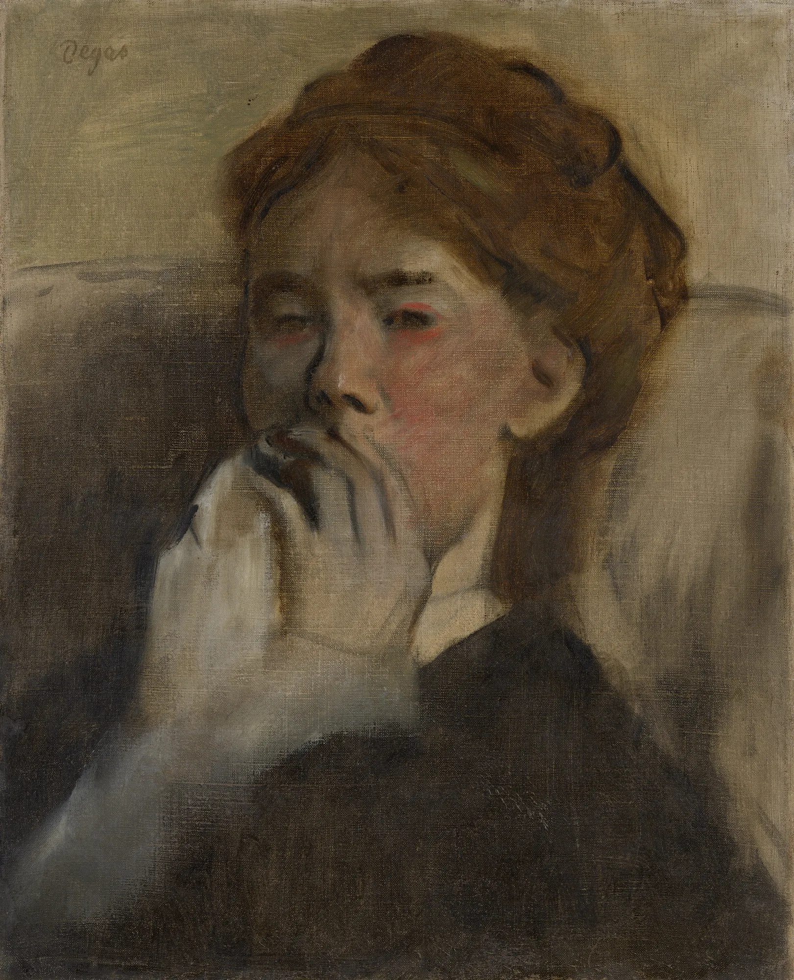 Young Woman with Her Hand over Her Mouth Young Woman with Her Hand over Her Mouth by Edgar Degas. An oil study of a young woman with reddish-brown hair resting her head on her hand, which covers her mouth.