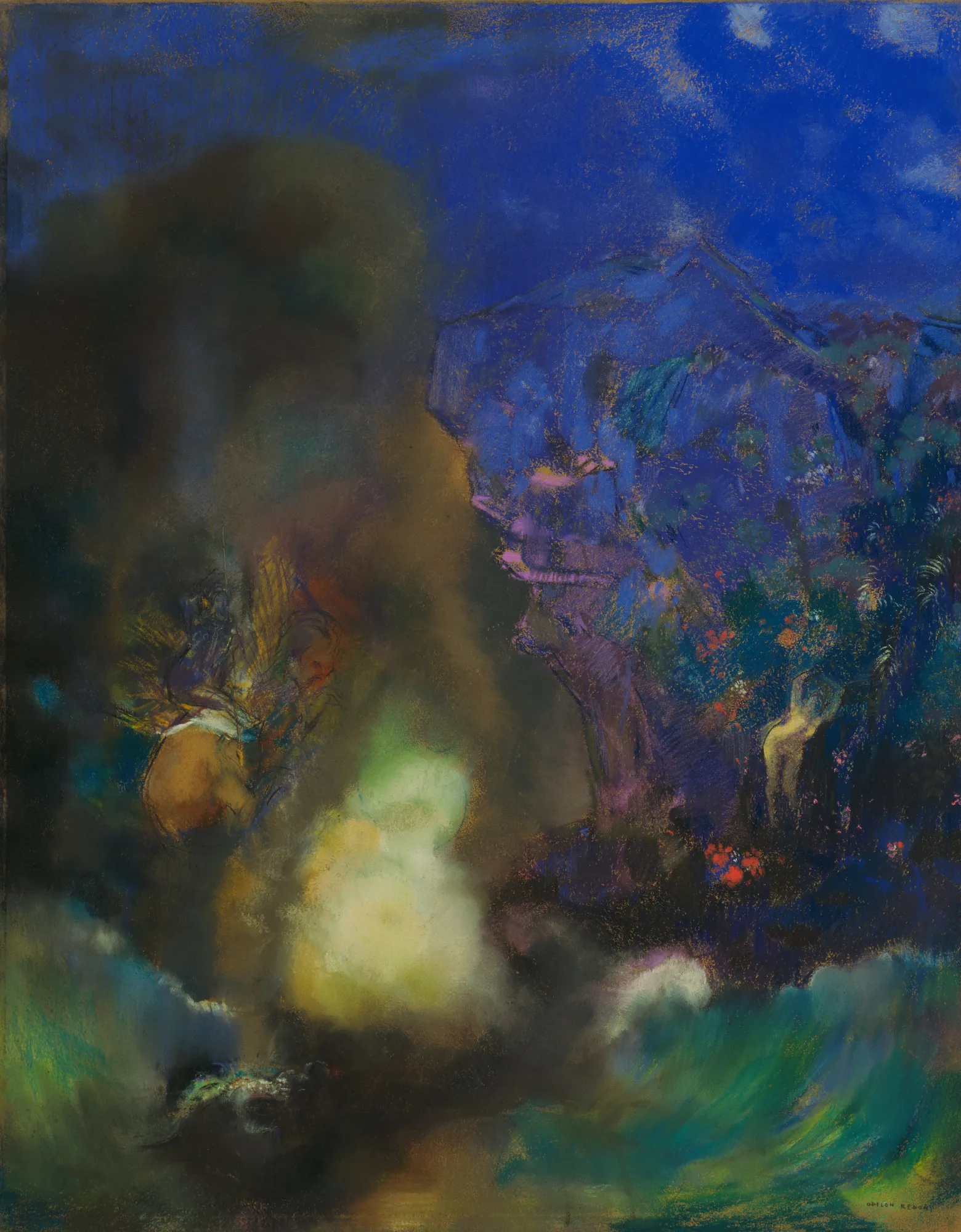 Roger and Angelica Roger and Angelica by Odilon Redon. A mystical scene in luminous pastels depicting a figure riding a winged creature through an atmospheric landscape of deep blues and radiant yellows.