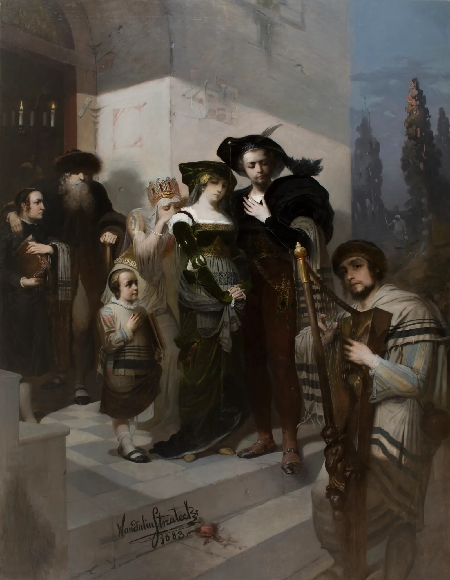 Song about the Destruction of Jerusalem Song about the Destruction of Jerusalem by Wandalin Strzałecki. A somber group scene in a historical setting, featuring a man playing a harp in the foreground while figures in traditional dress look on in grief.