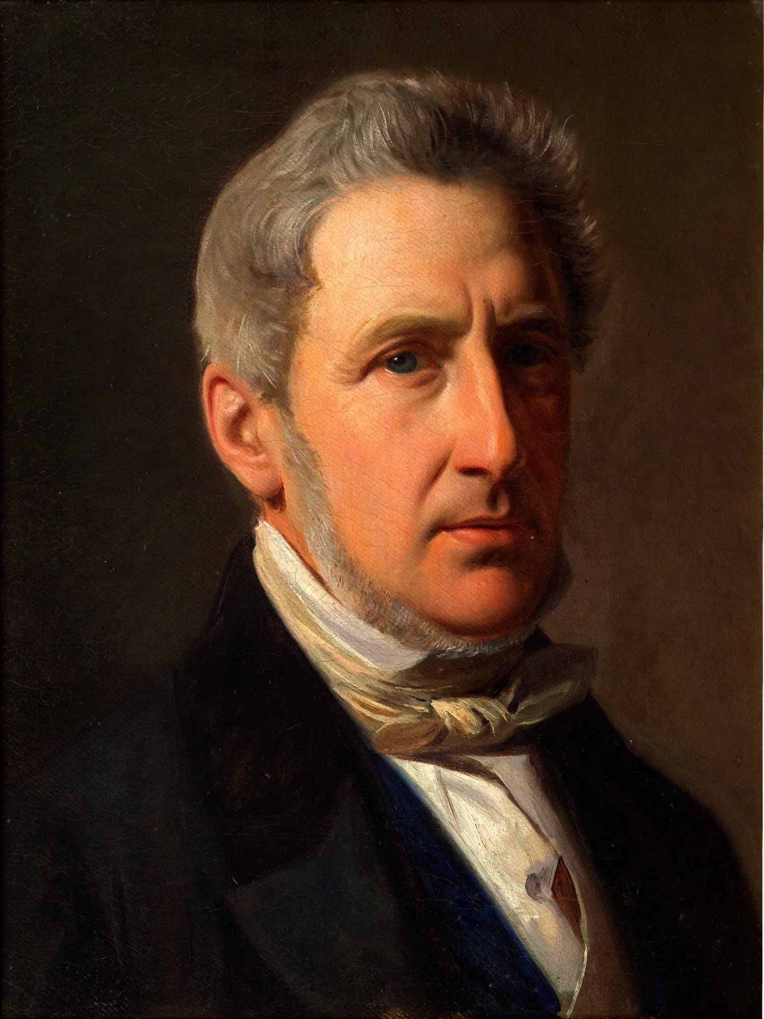 Portrait of Alfred Hage Portrait of Alfred Hage by Constantin Hansen. A bust-length portrait of a man with grey hair, sideburns, and a high white collar against a dark, neutral background.
