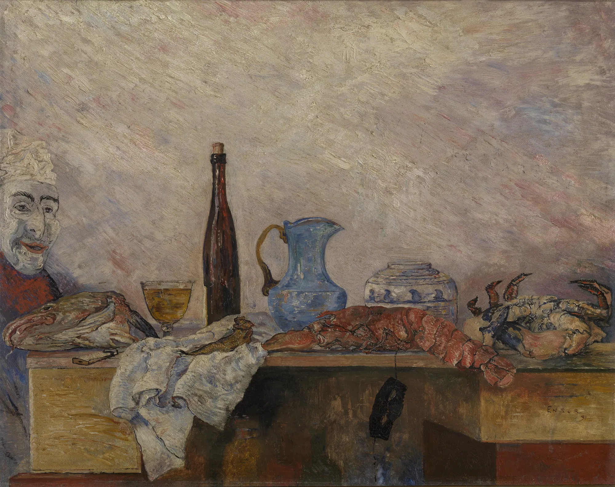 Mask and Crustaceans Mask and Crustaceans by James Ensor. A still life featuring seafood, ceramic vessels, and a glass of wine on a table, with a pale, expressive mask appearing on the left side.