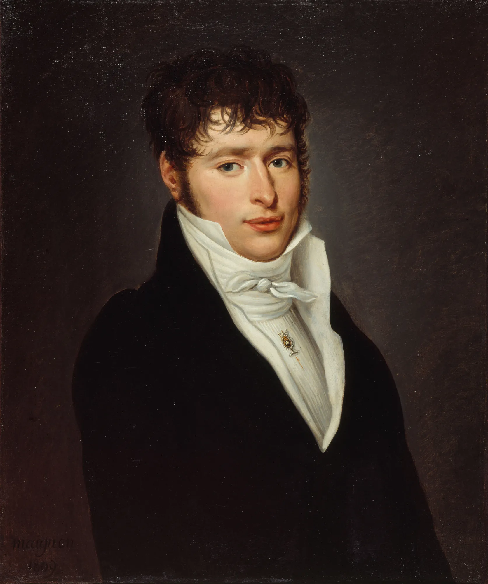 Portrait of Jean Elleviou Portrait of Jean Elleviou by Desire Adelaide Charles Maignen de Sainte-Marie. A waist-up portrait of a man with dark curly hair and a white cravat, set against a dark, atmospheric background.