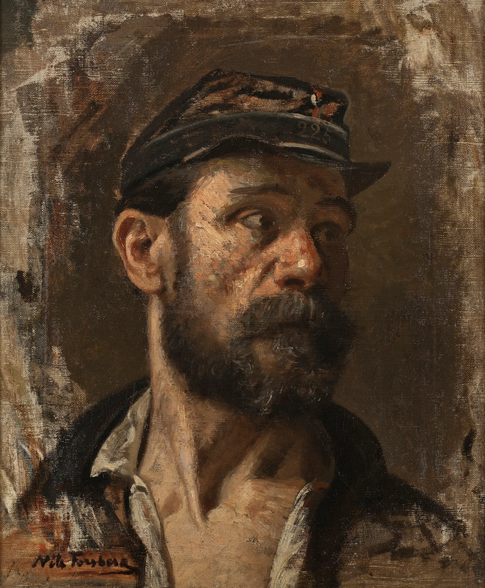 A Communard A Communard by Nils Forsberg. An expressive close-up portrait of a bearded man wearing a dark military cap, rendered in earthy tones with visible canvas texture.