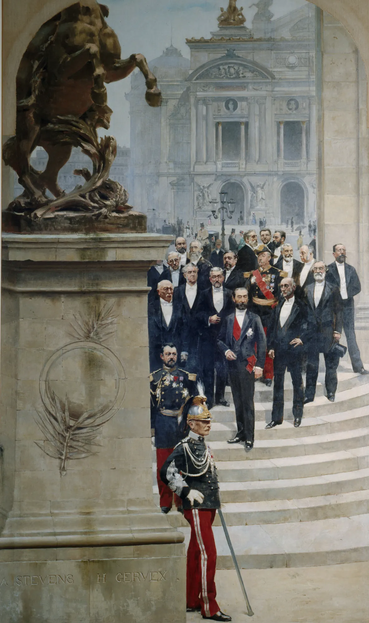 President Sadi Carnot at the Paris Opera President Sadi Carnot at the Paris Opera by Alfred Stevens. A group of formally dressed men stand on the steps of the Paris Opera behind a large stone statue of a rearing horse and a uniformed guard.