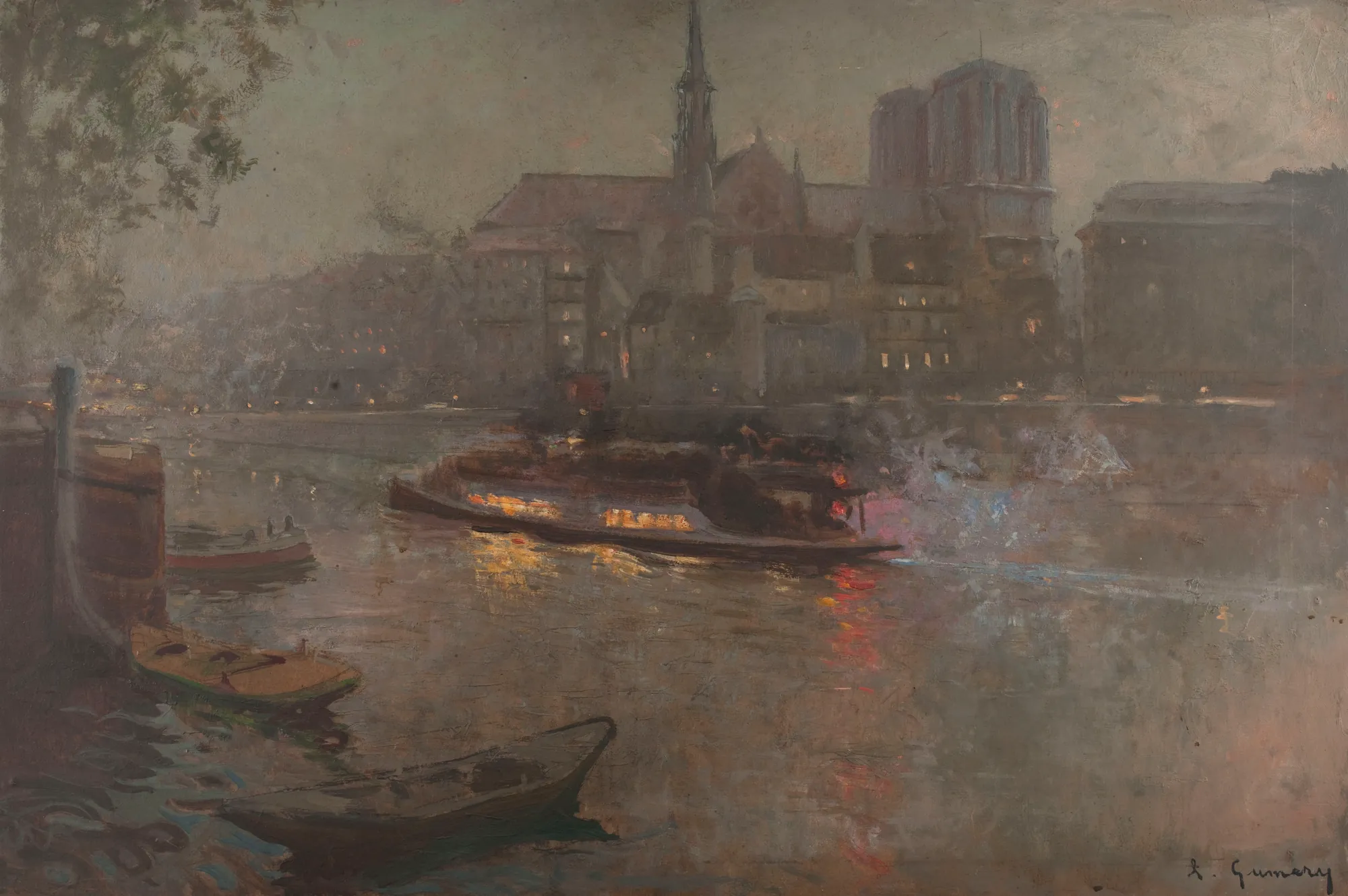 Bateau-Mouche sur la Seine, le soir, devant Notre-Dame