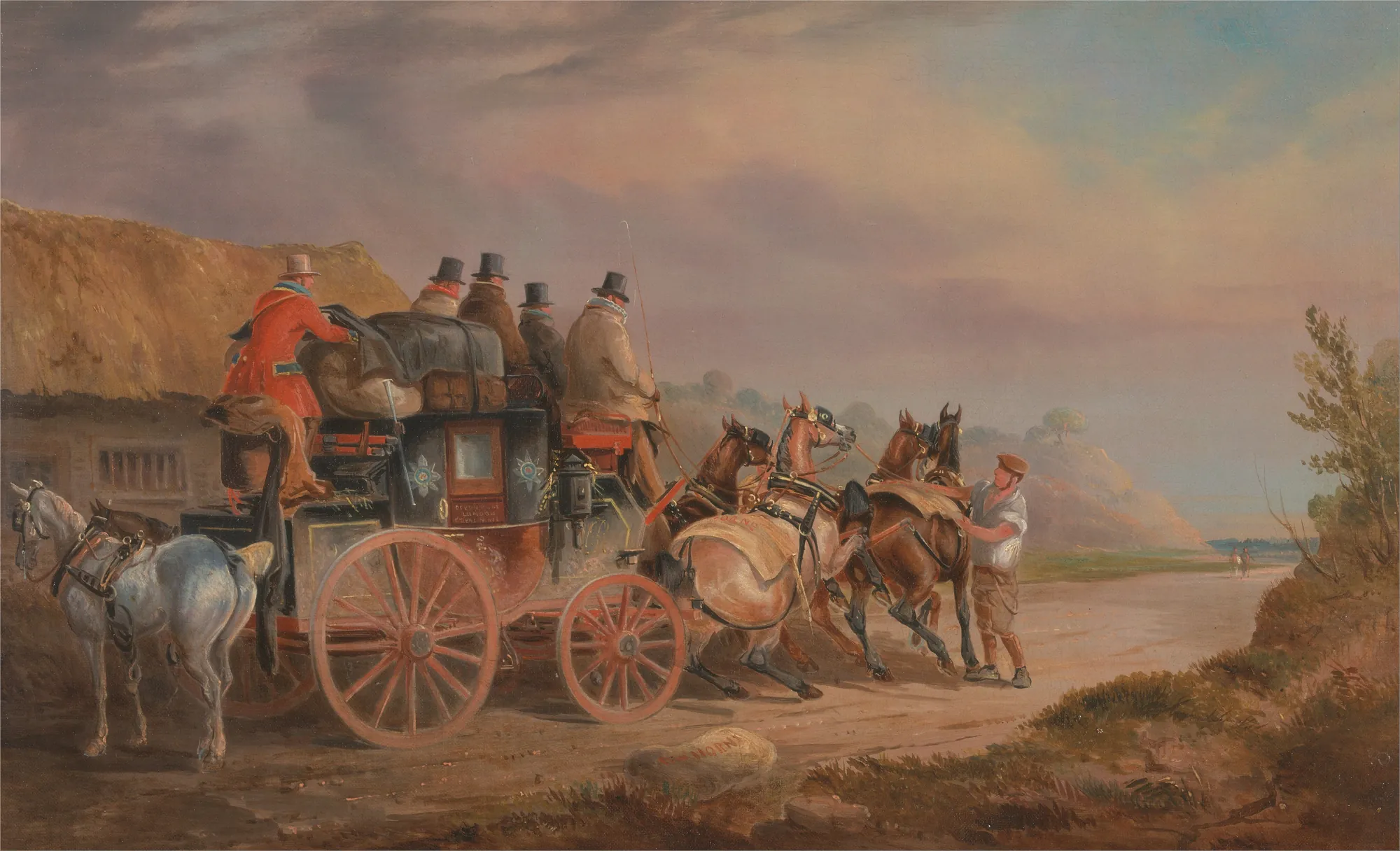 Mail Coaches on the Road: The 'Quicksilver' Royal Mail Mail Coaches on the Road: The 'Quicksilver' Royal Mail by Charles Cooper Henderson. A horse-drawn mail coach is prepared for departure by a groom as passengers in top hats wait atop the vehicle against a sweeping sky.