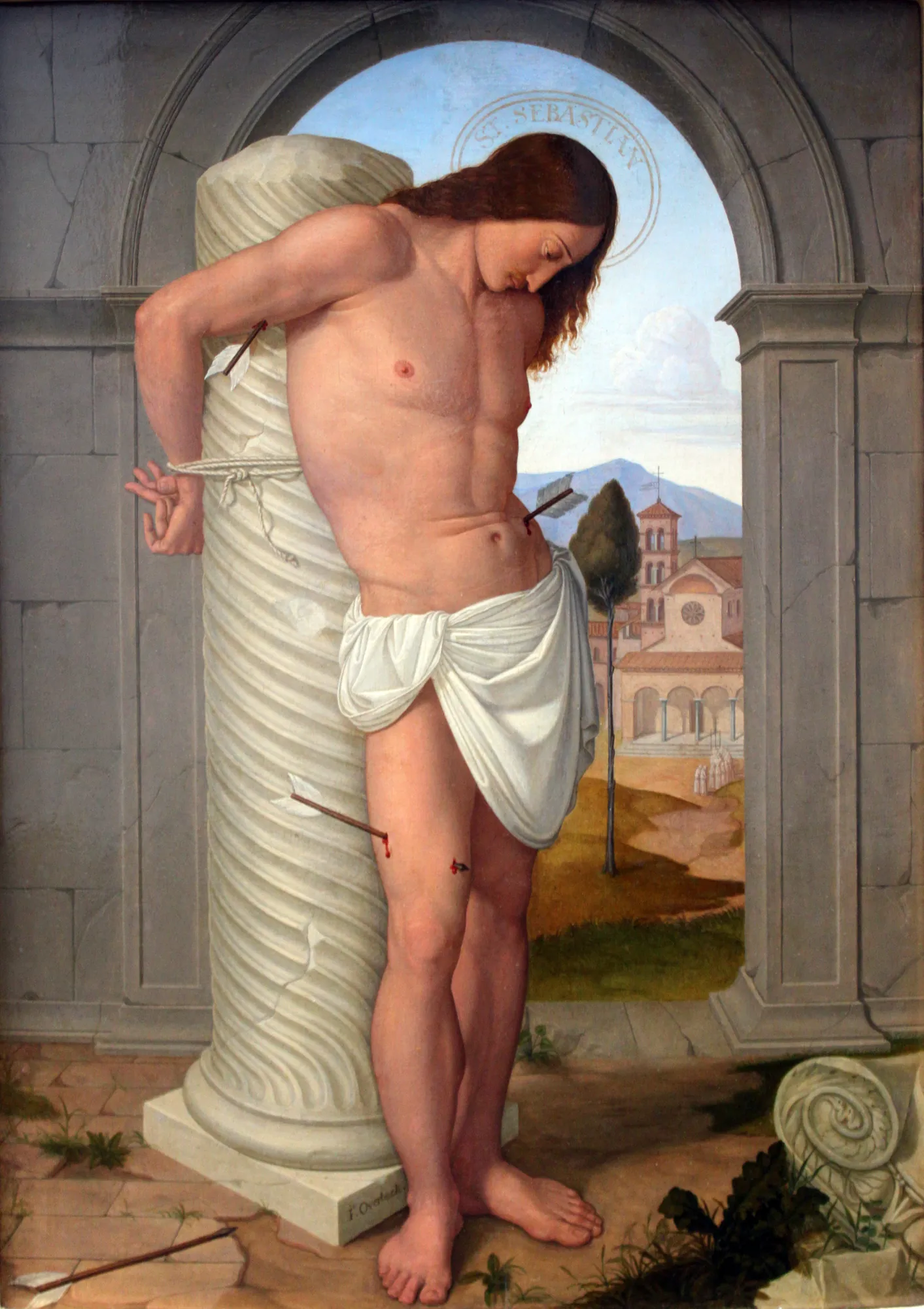 Saint Sebastian Saint Sebastian by Johann Friedrich Overbeck. Saint Sebastian is depicted tied to a fluted column and pierced by arrows, set before an arched opening that reveals a tranquil Italianate landscape.