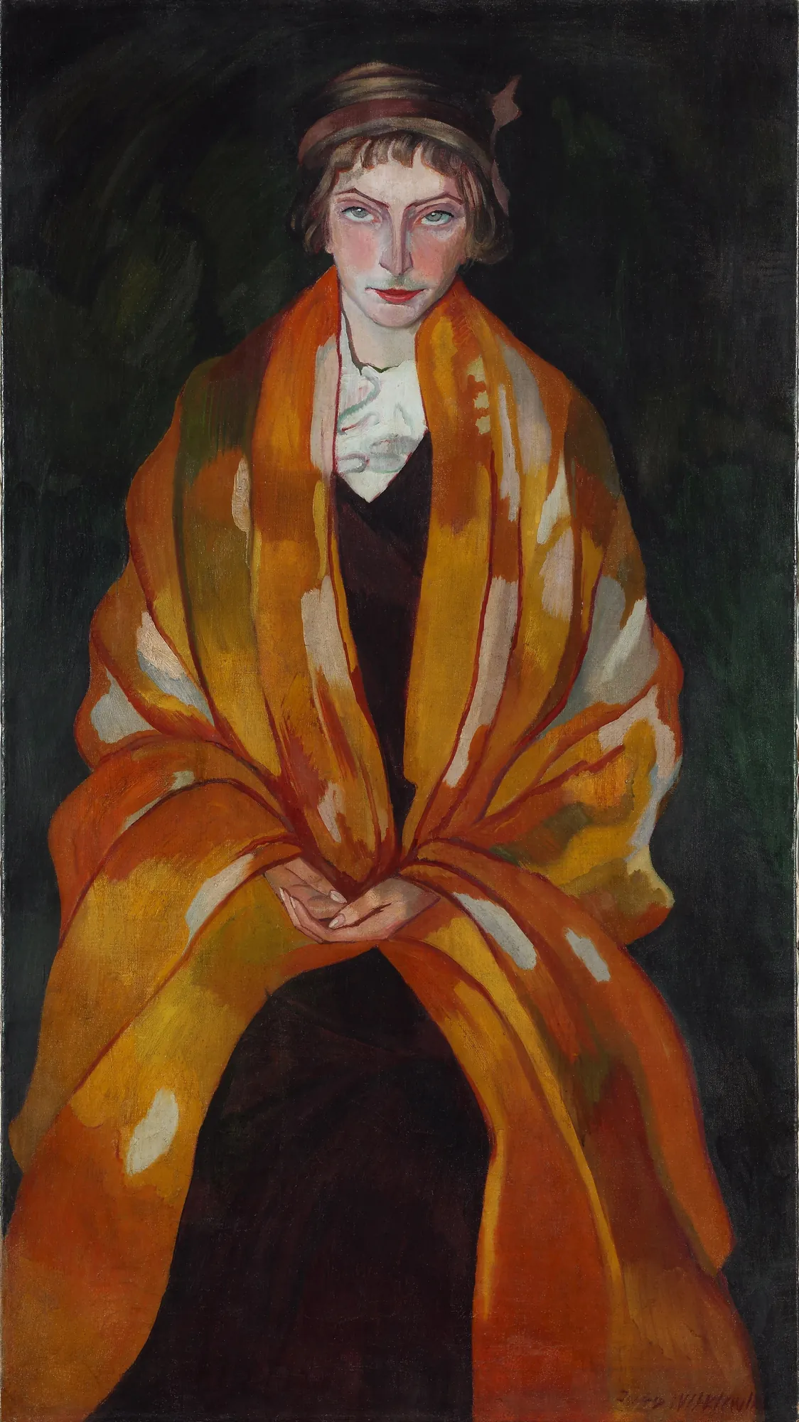 Portrait of Eugenia Dunin-Borkowska Portrait of Eugenia Dunin-Borkowska by Stanisław Ignacy Witkiewicz. A woman with a direct gaze wearing a voluminous, patterned orange and yellow shawl against a dark background.