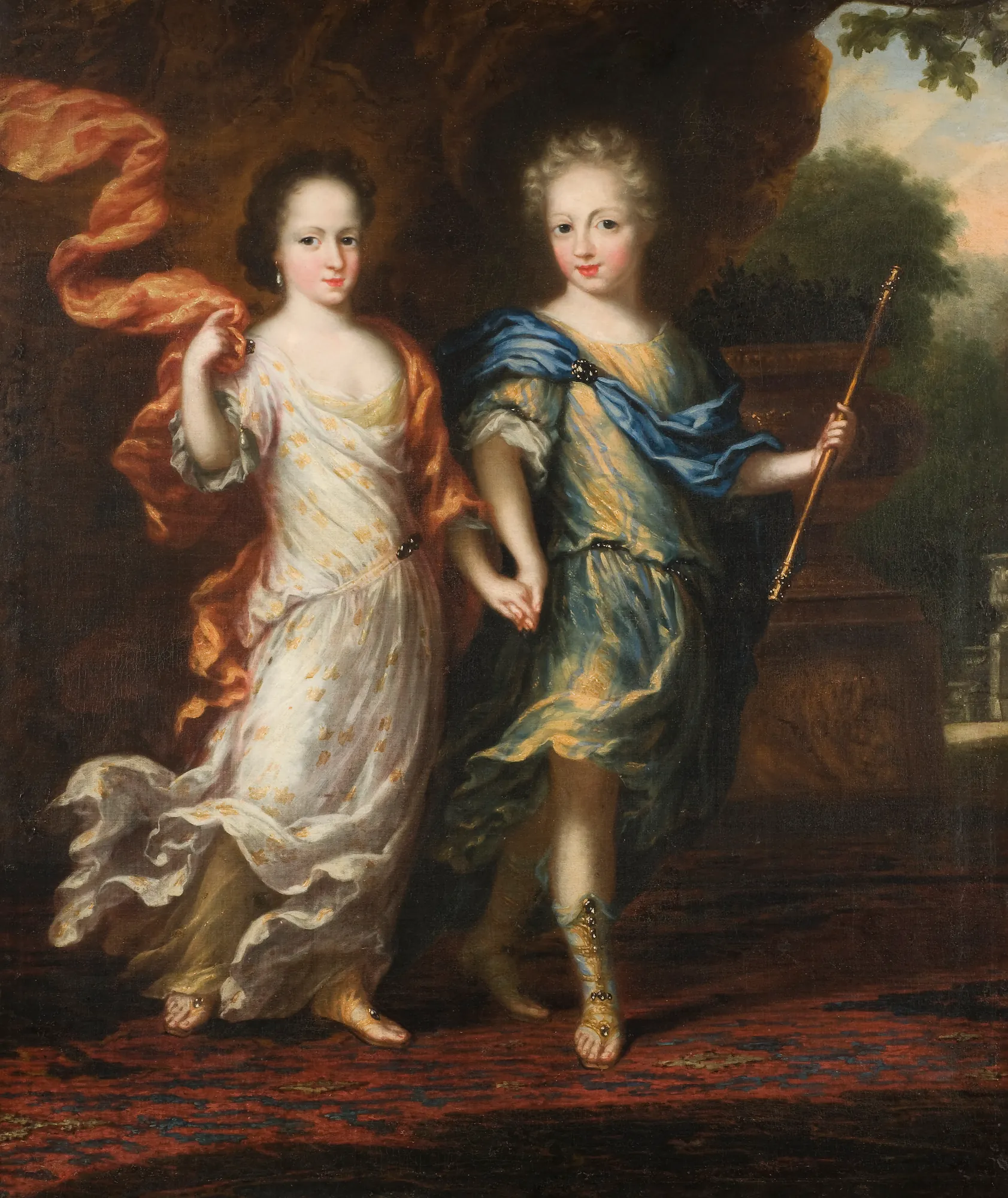 Karl XII and Hedvig Sofia Karl XII and Hedvig Sofia by David Klöcker Ehrenstrahl. A full-length double portrait of two royal children dressed in classical flowing robes, walking hand-in-hand against a dark, rocky background.
