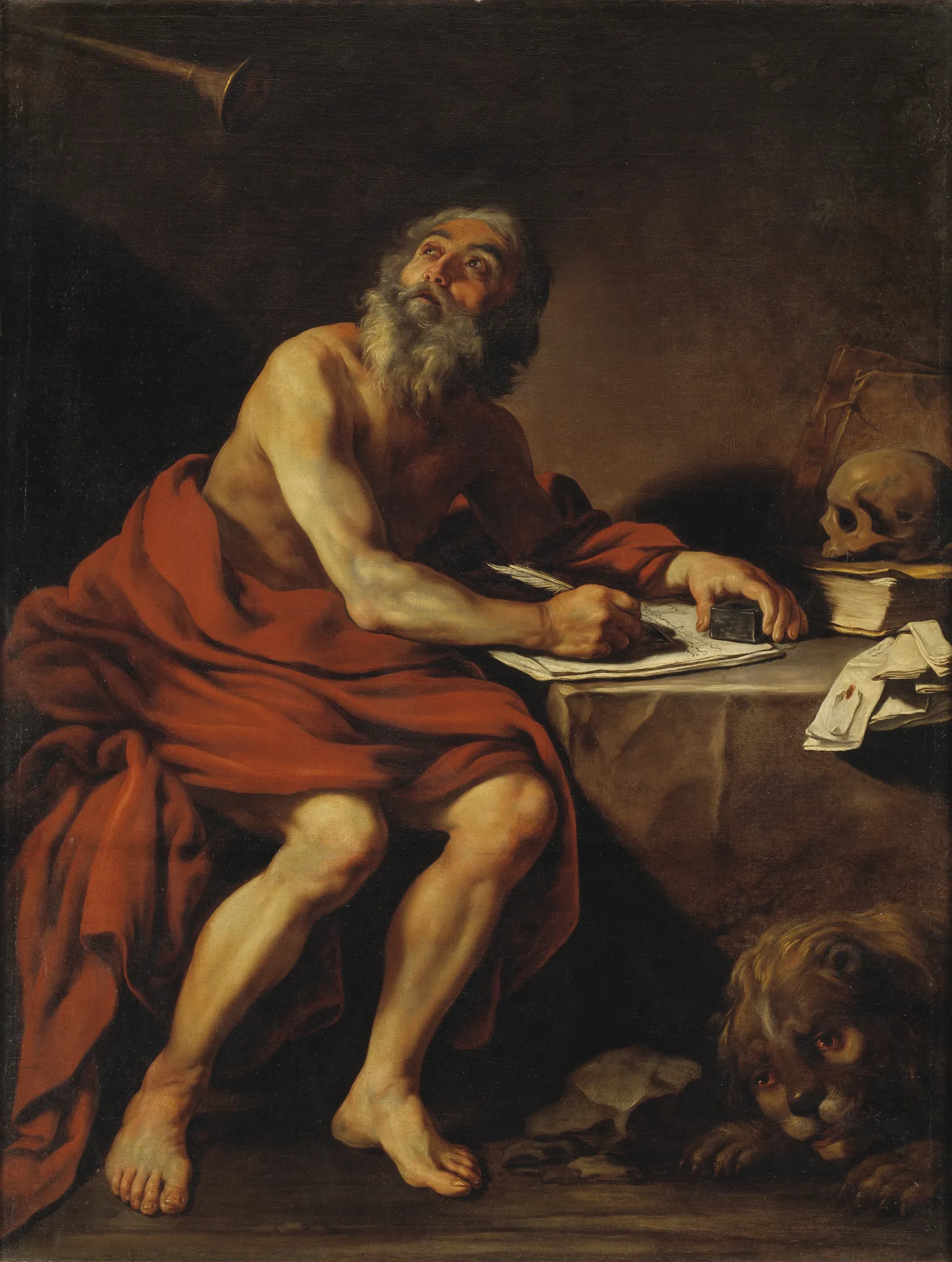 The Vision of St Jerome The Vision of St Jerome by Claude Vignon. An elderly, bearded man in a red robe sits at a desk with books and a skull, looking up toward a trumpet in the dark background while a lion rests at his feet.