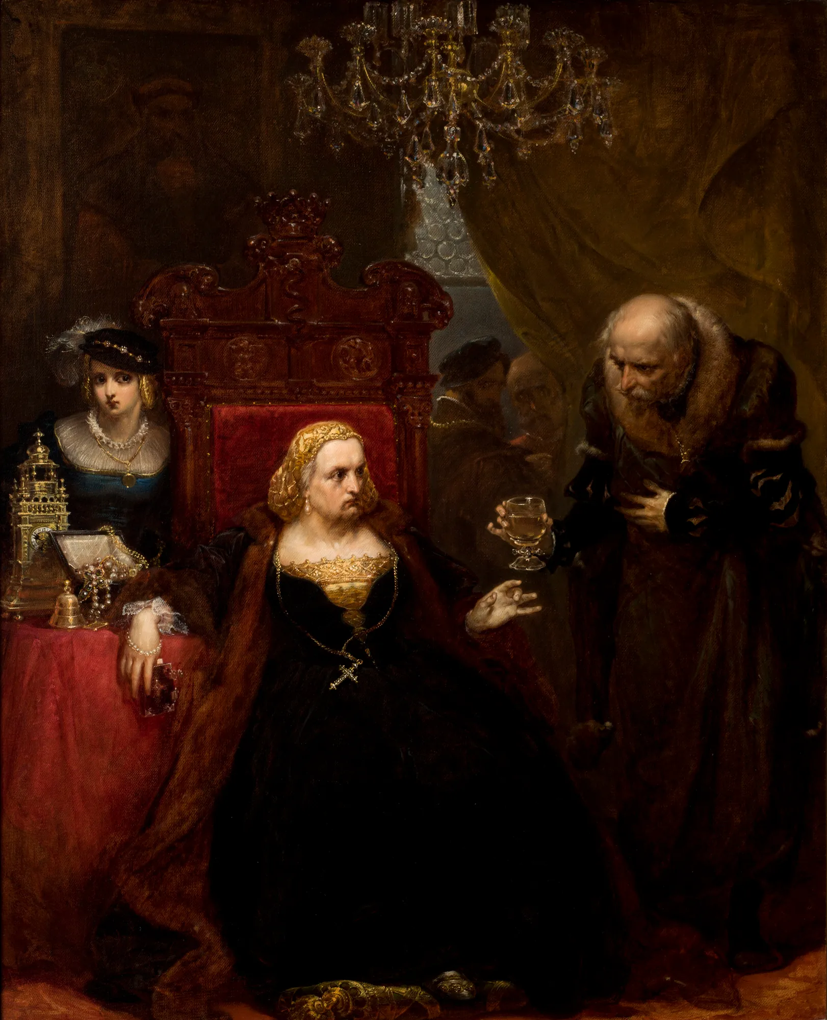 The Poisoning of Queen Bona The Poisoning of Queen Bona by Jan Matejko. A tense historical scene depicting an elderly man offering a goblet to a seated queen in a darkly lit, ornate room.