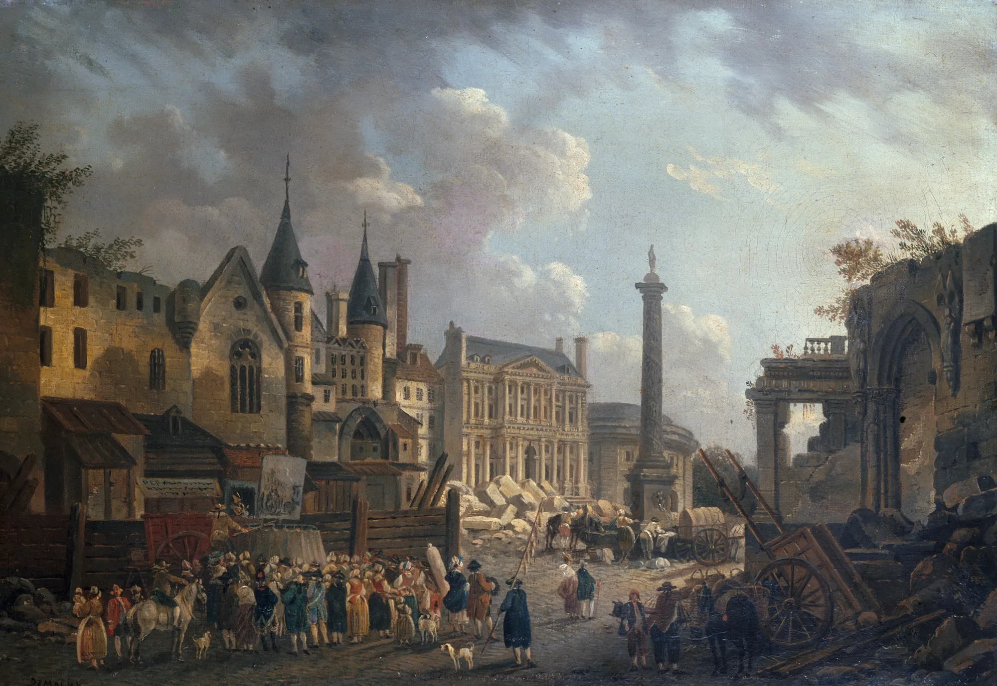 Fairground Spectacle in an Imaginary Paris Crossroads Fairground Spectacle in an Imaginary Paris Crossroads by Pierre-Antoine Demachy. A lively crowd gathers for a spectacle in a fantastical Parisian landscape filled with classical ruins and grand monuments.