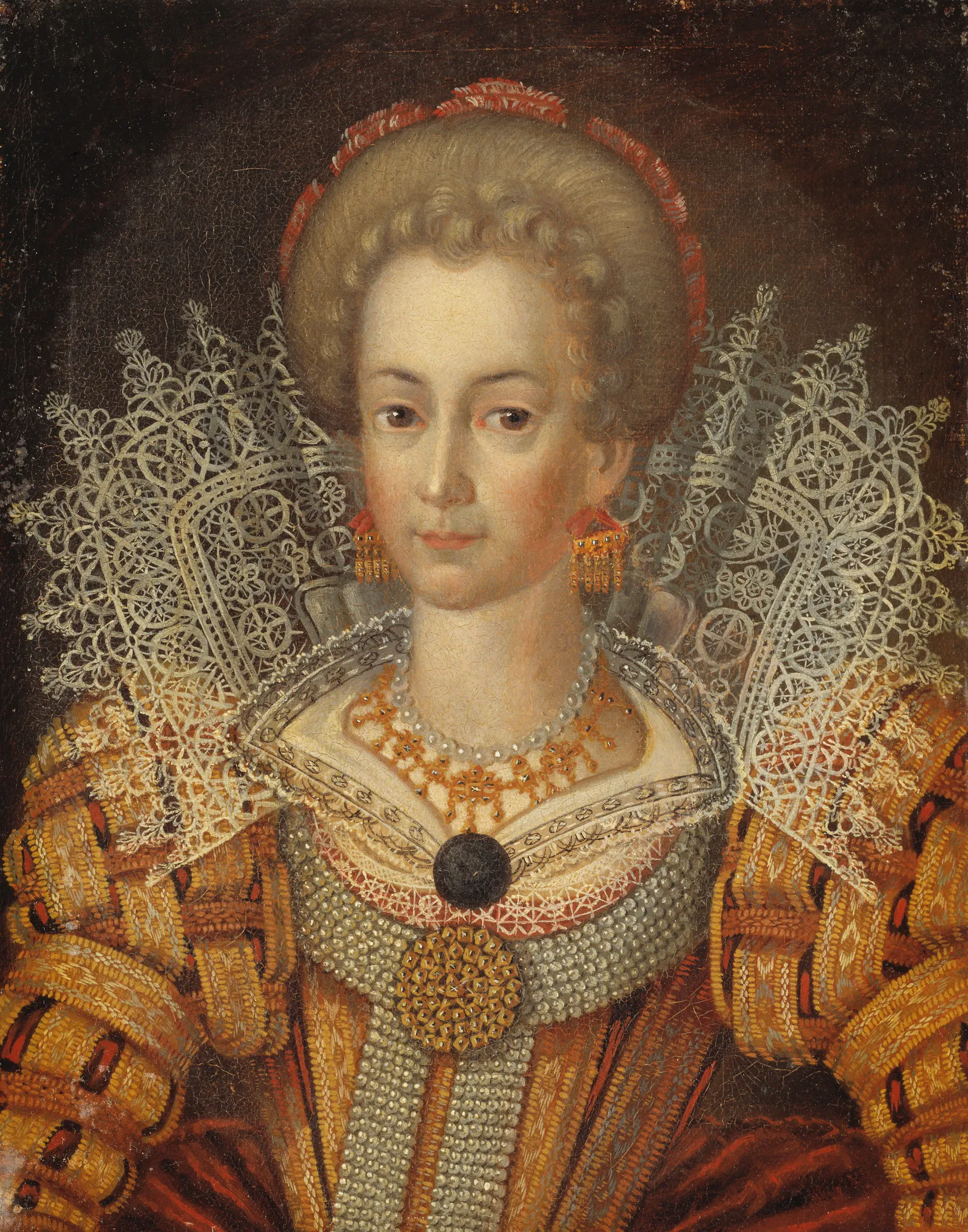 Portrait of an Unknown Woman Portrait of an Unknown Woman by Unknown Artist. A bust-length oil portrait of a woman wearing a magnificent reticella lace collar and ornate pearl-and-gold jewelry against a dark, neutral background.