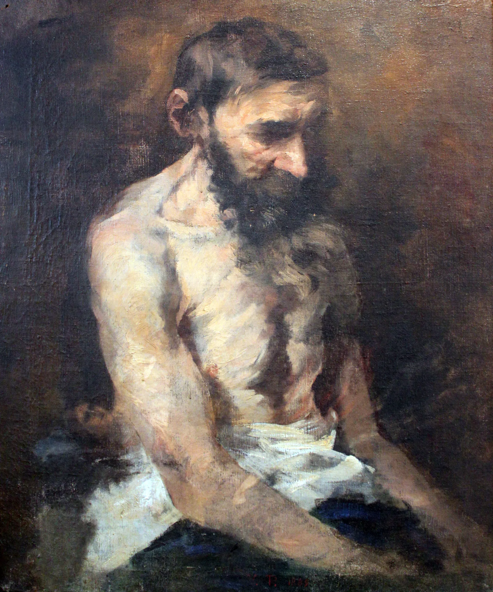 Male Semi-Nude Male Semi-Nude by Vilma Lwoff-Parlaghy. An oil study of a bearded man in profile, shown from the waist up with a bare chest, looking down against a dark, moody background.