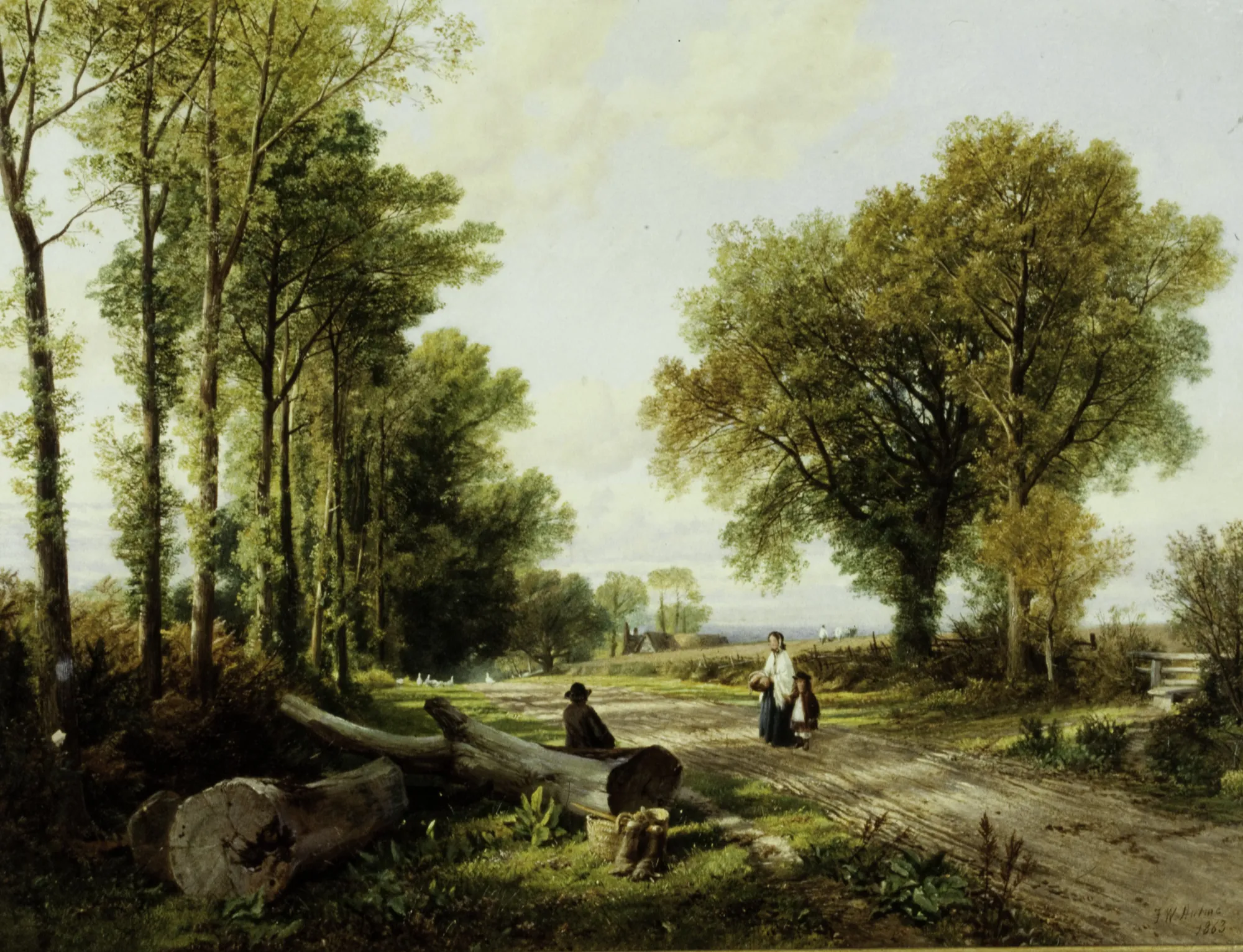 The Sunday Morning Walk The Sunday Morning Walk by Frederick William Hulme. A 19th-century oil painting depicting figures on a dirt path through a lush, wooded landscape with large fallen logs in the foreground.
