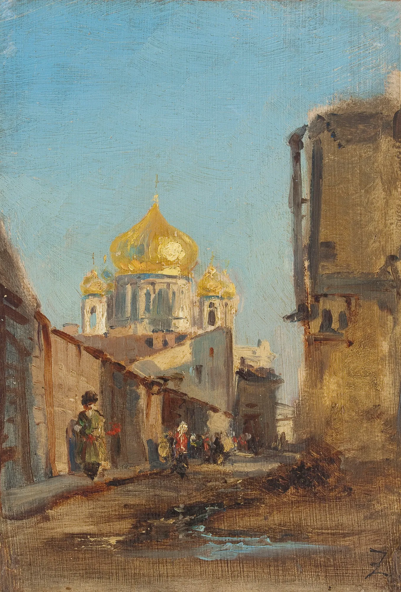 Tobolsk, Siberia Tobolsk, Siberia by Félix Ziem. An oil sketch of a street in Tobolsk featuring a grand cathedral with shimmering gold domes under a bright blue sky.
