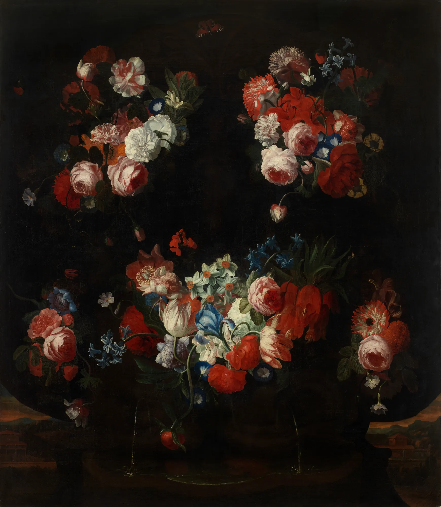 Flower Arrangement Flower Arrangement by Jan Philip van Thielen. Lush clusters of roses, tulips, and various spring flowers are arranged against a deep, dramatic black background.