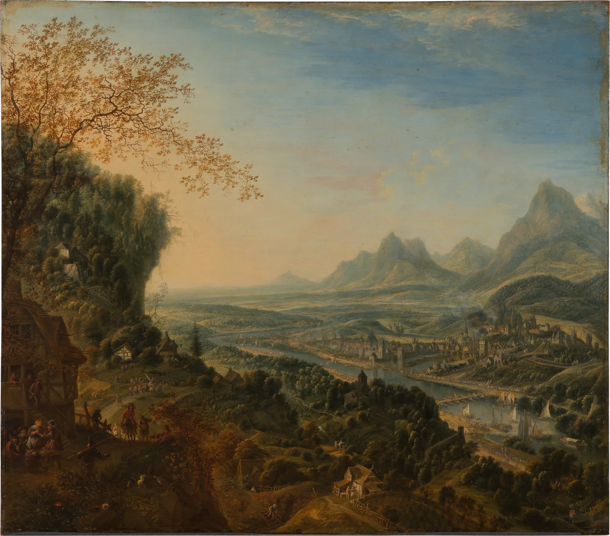 River Landscape with Rhine Motifs and Troops Passing