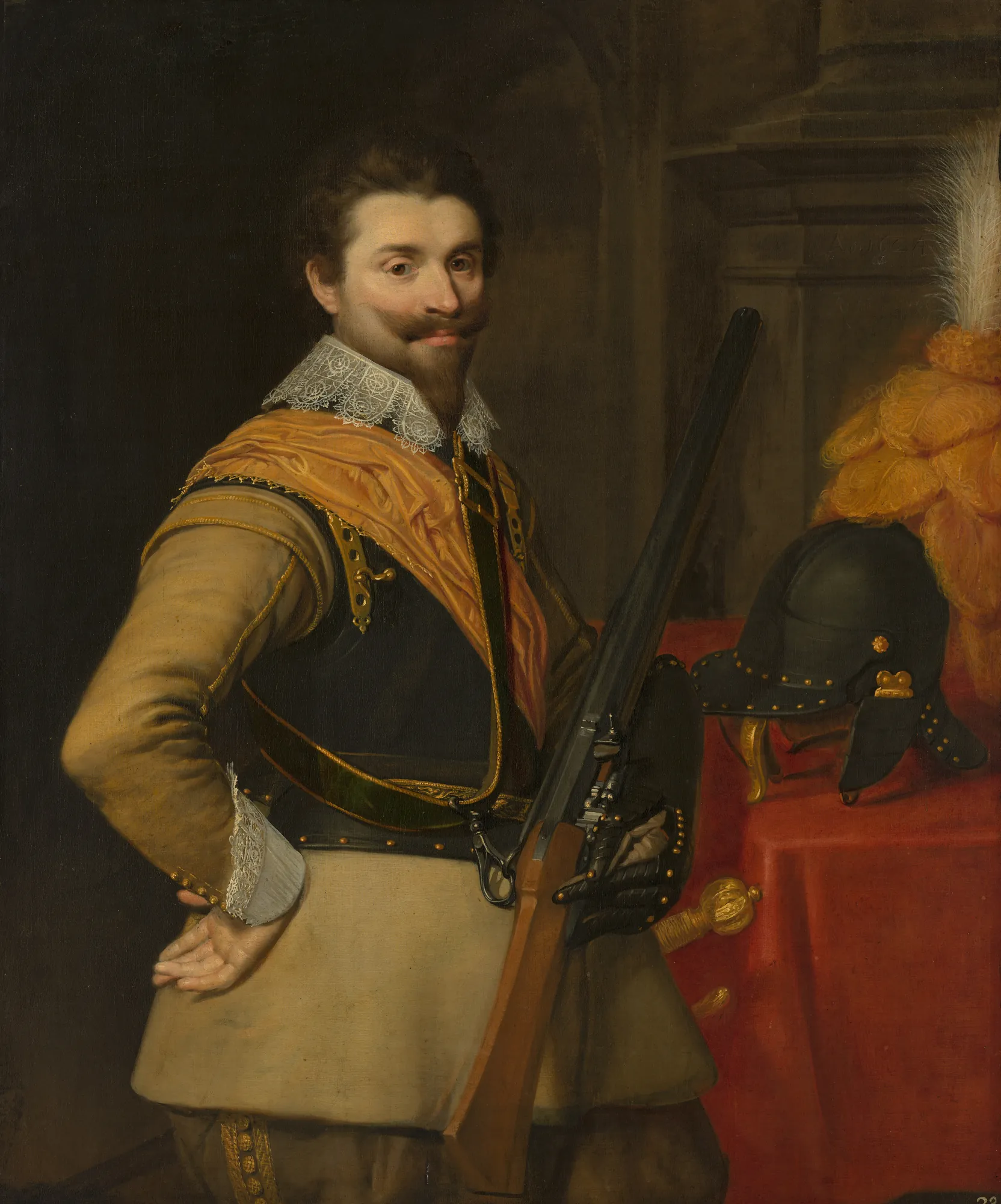 Portrait of an Officer Portrait of an Officer by Jan van Ravesteyn. A three-quarter length portrait of a bearded man in 17th-century military attire holding a firearm next to a plumed helmet.