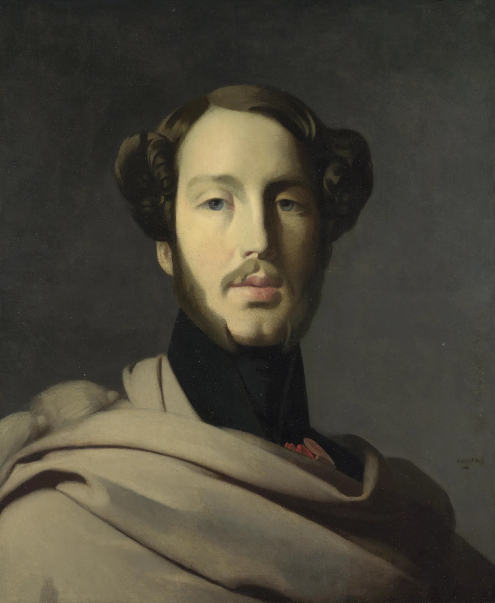 The Duc d'Orléans The Duc d'Orléans by Unknown Artist. A refined oil portrait of a young man with wavy hair and a mustache, draped in a light-colored cloak against a dark, moody background.