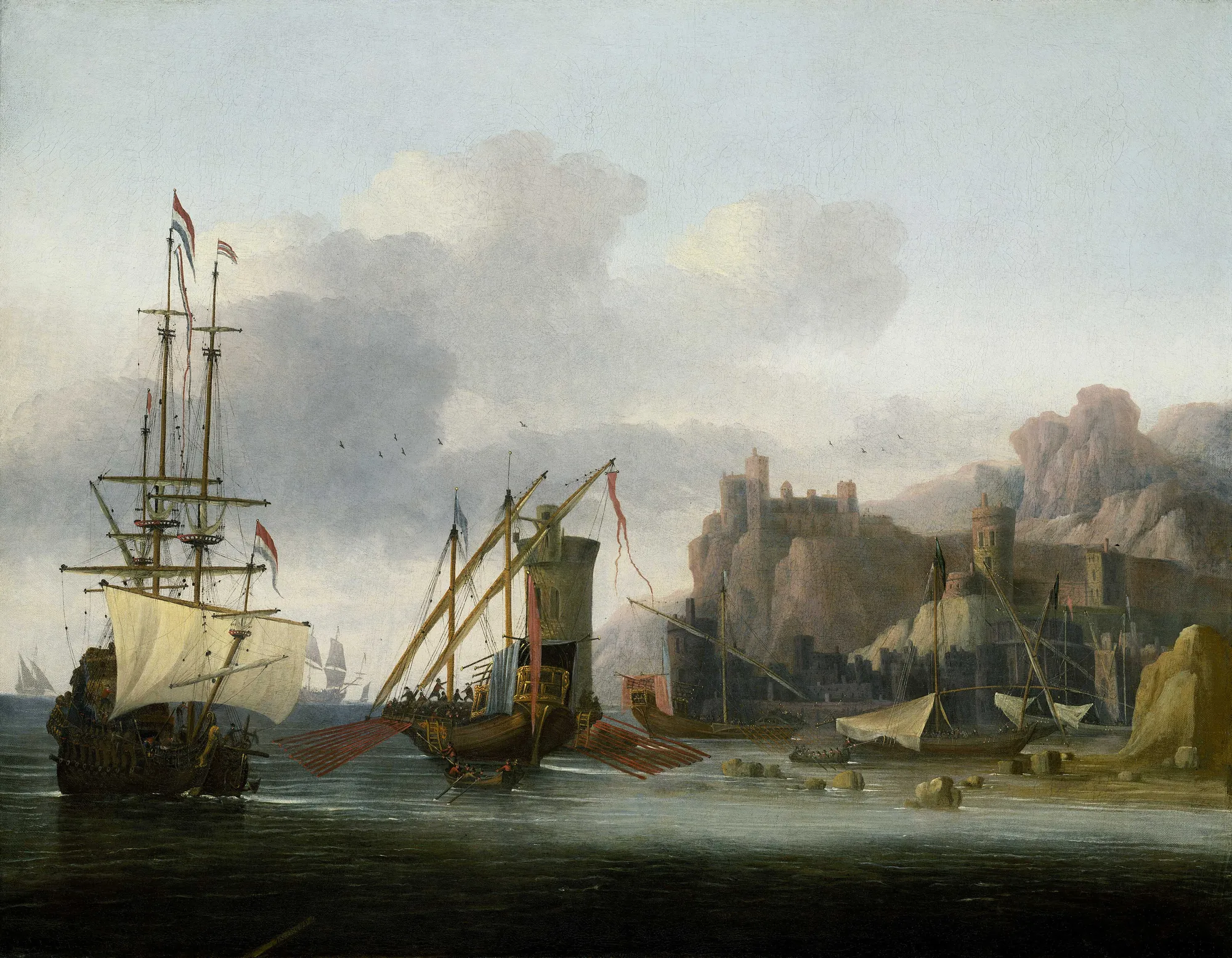 Shipping in the Bosphorus Shipping in the Bosphorus by Jacob van der Croos. A collection of 17th-century sailing vessels, including a prominent Dutch ship and several galleys, navigate a harbor near a fortified rocky coastline.