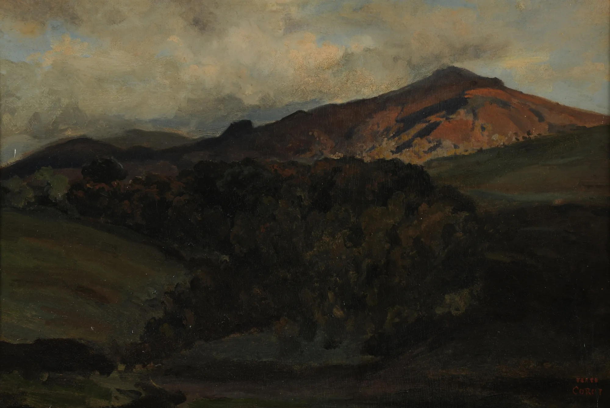 Monte Cavo Monte Cavo by Jean-Baptiste Camille Corot. An atmospheric landscape painting featuring a warm-toned mountain peak rising above a dark, forested valley under a soft, clouded sky.