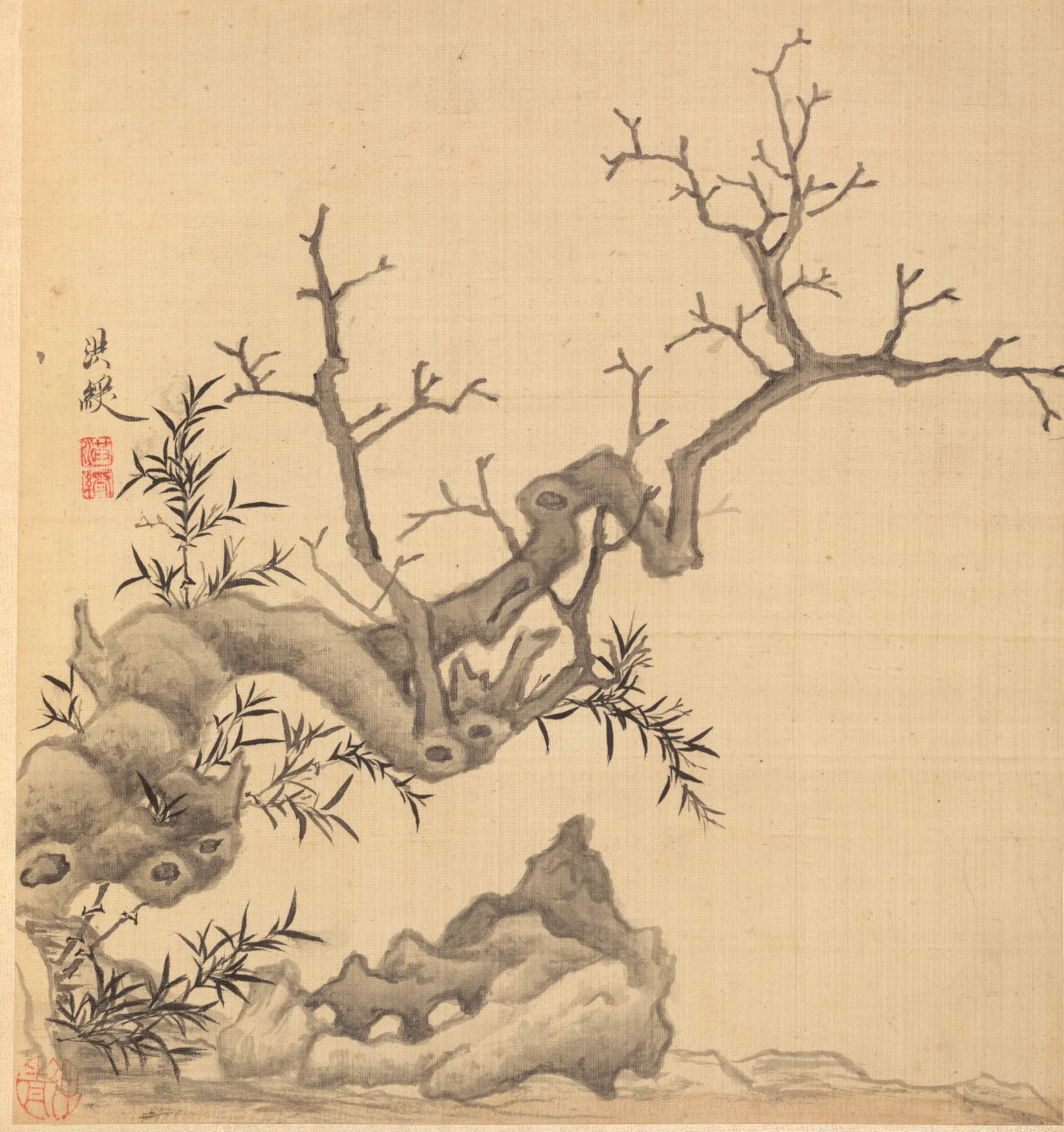 Rock, Old Tree, and Bamboo