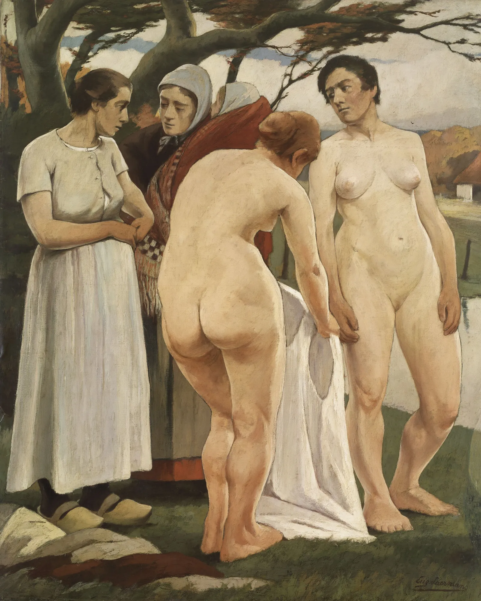 Bathing Women Bathing Women by Eugène Laermans. Four women are gathered in a pastoral landscape under a large tree, with two standing nude while the others are dressed in rustic clothing.