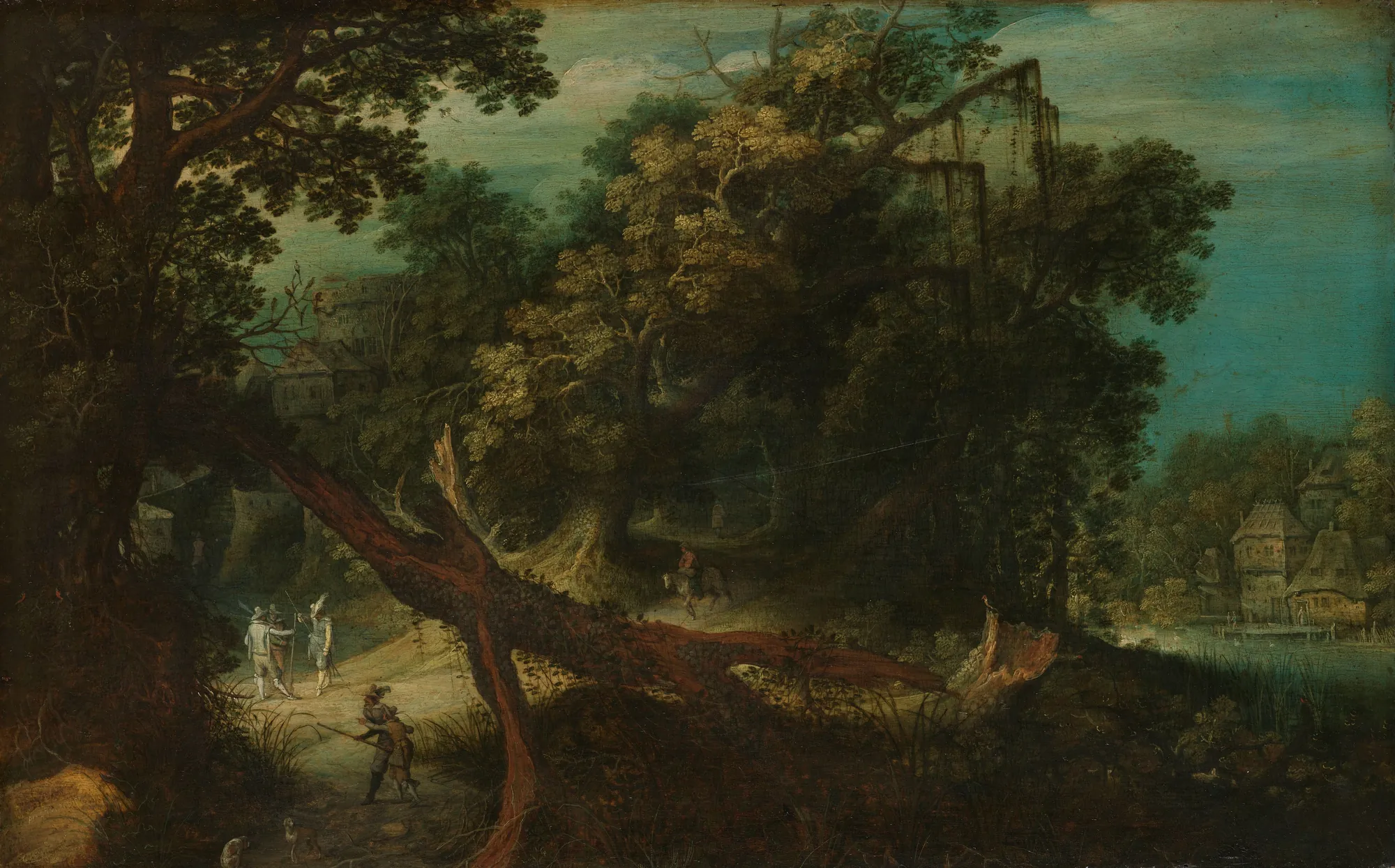 Mountainous Landscape Mountainous Landscape by Adriaen van Stalbemt. A lush, atmospheric Flemish landscape featuring a large fallen tree trunk, travelers on a winding path, and a distant village by the water.