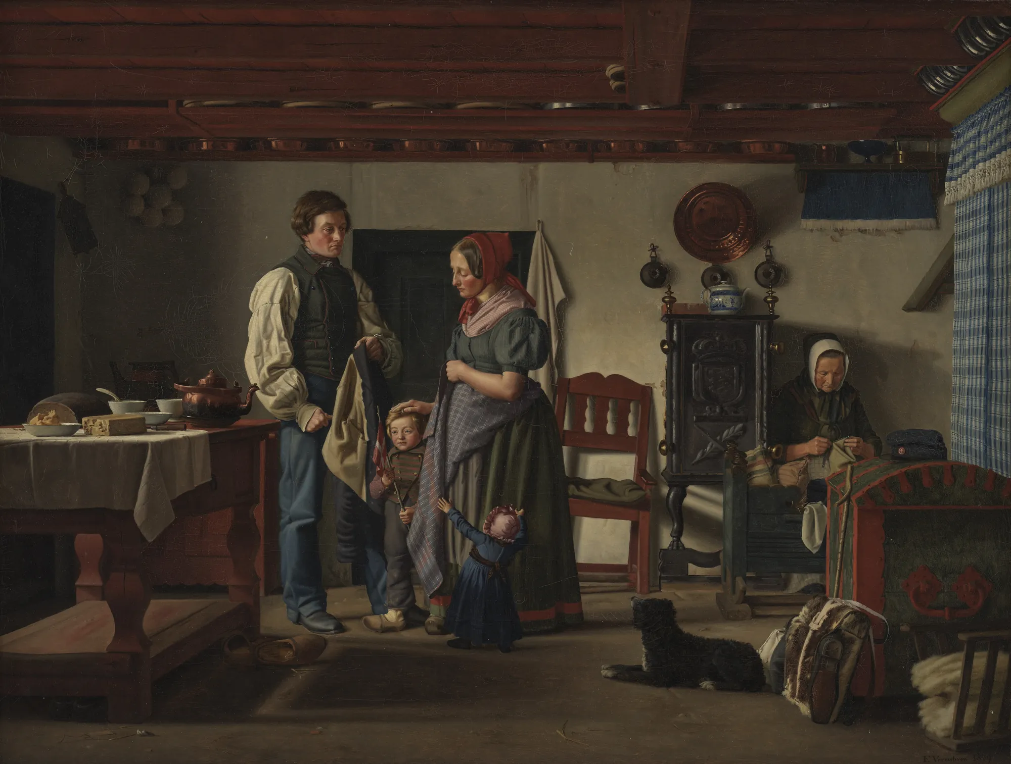 Reservesoldatens afsked med sin familie Reservesoldatens afsked med sin familie by Frederik Vermehren. A 19th-century interior scene showing a soldier in uniform bidding farewell to his wife and children while an elderly woman works in the background.