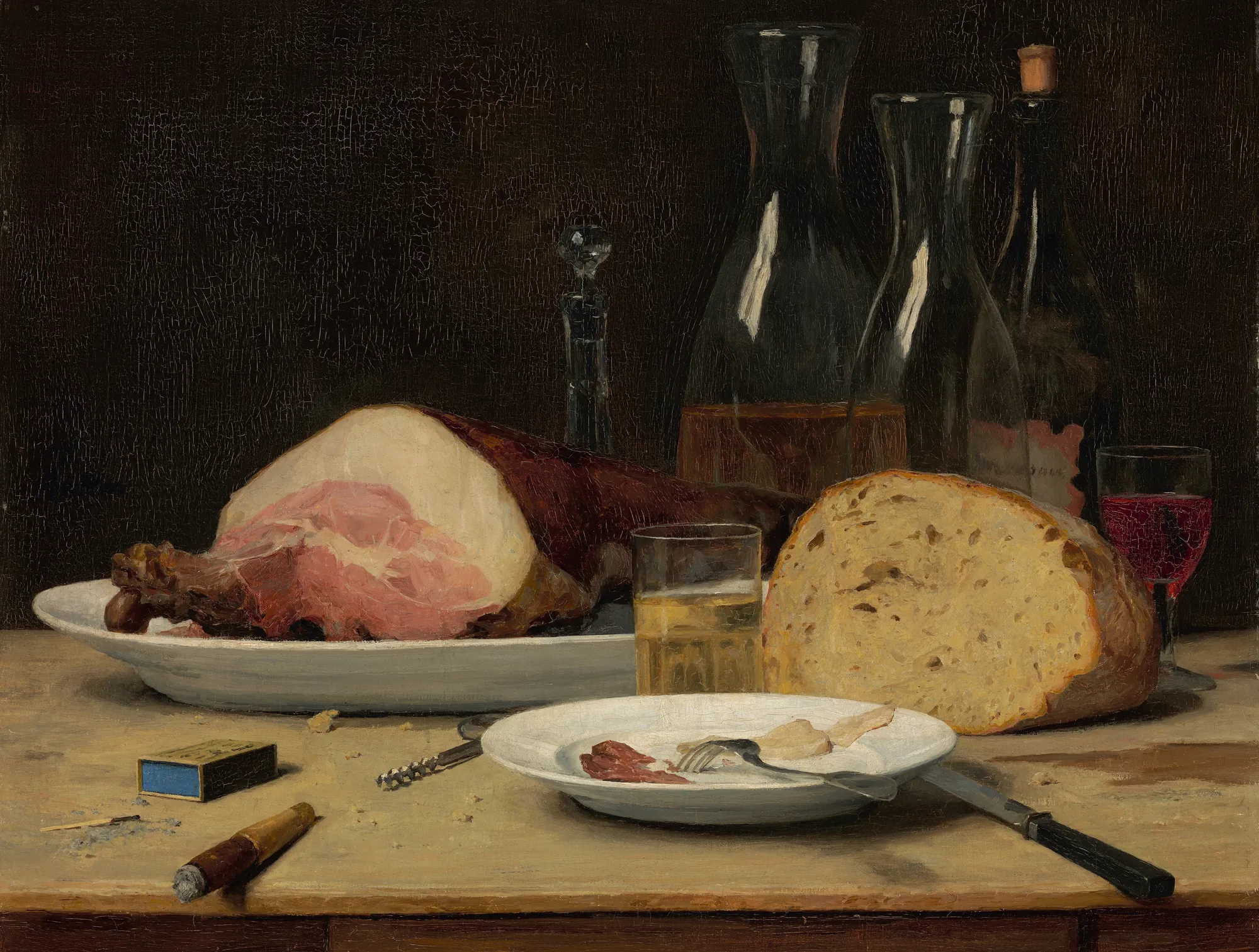 Still Life: Excess Still Life: Excess by Albert Anker. A detailed 19th-century still life featuring a large ham, a cut loaf of bread, several wine carafes and glasses, and smoking utensils arranged on a rustic wooden table against a dark, textured background.