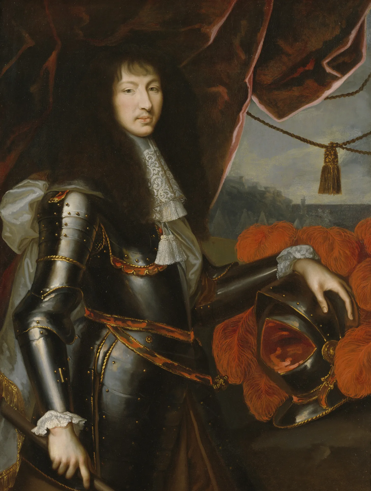 Portrait of Louis XIV Portrait of Louis XIV by Unknown Artist. A formal portrait of a young Louis XIV in polished black armor, wearing a large dark wig and white lace collar, with his hand resting on a plumed helmet.