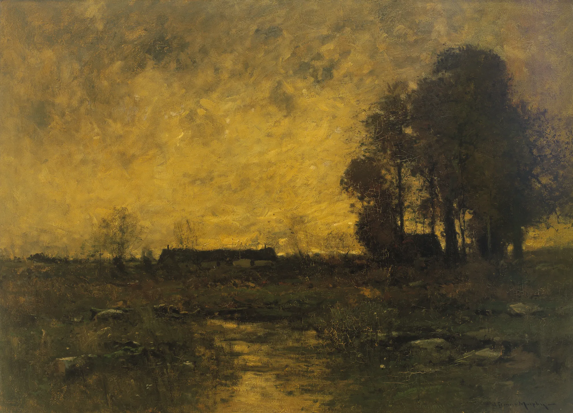 Neglected Lands Neglected Lands by John Francis Murphy. A Tonalist landscape featuring a dark, shadowed foreground with a cluster of trees on the right under a vast, glowing amber sky.