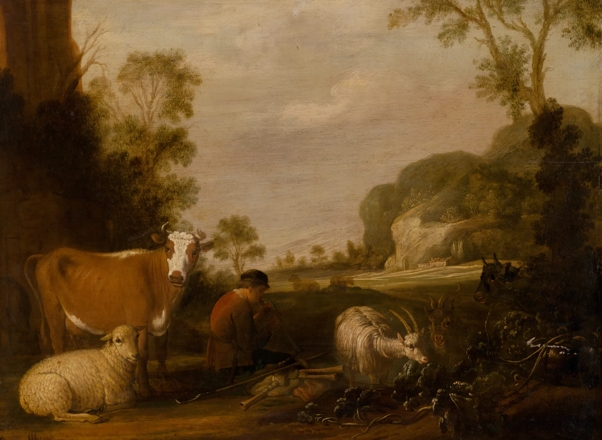 Shepherd Playing Music Shepherd Playing Music by Karel Dujardin. A shepherd sits in a soft-lit landscape playing a woodwind instrument, surrounded by a cow, sheep, and goats.