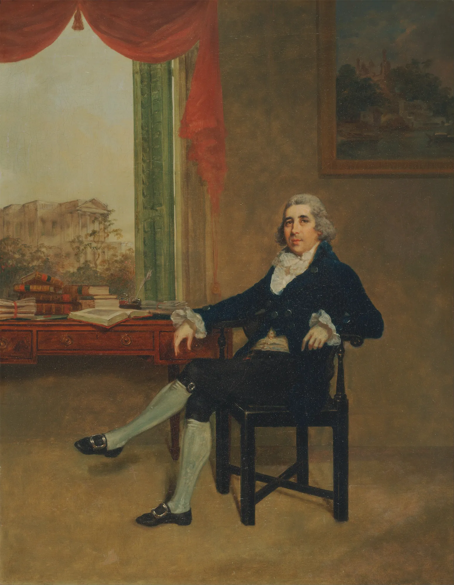 Thomas Graham Thomas Graham by Thomas Hickey. An 18th-century gentleman in a blue coat and breeches sits at a writing desk beside a window with a draped red curtain.