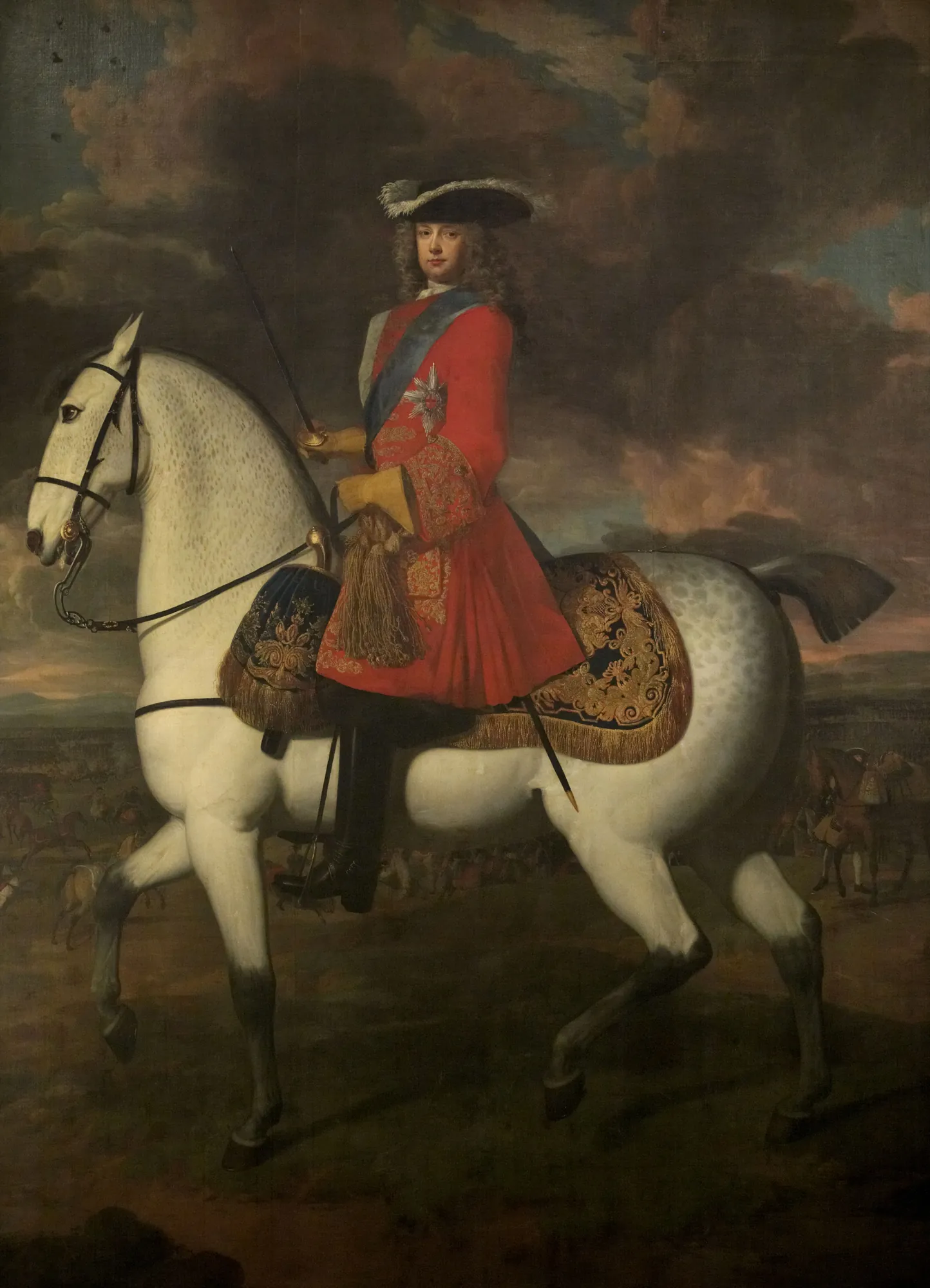Thomas Wentworth, 3rd Earl of Strafford Thomas Wentworth, 3rd Earl of Strafford by Paul Carl Leygebe. A full-length equestrian portrait of a nobleman in a vibrant red coat mounted on a dappled grey horse against a dramatic, cloudy sky.
