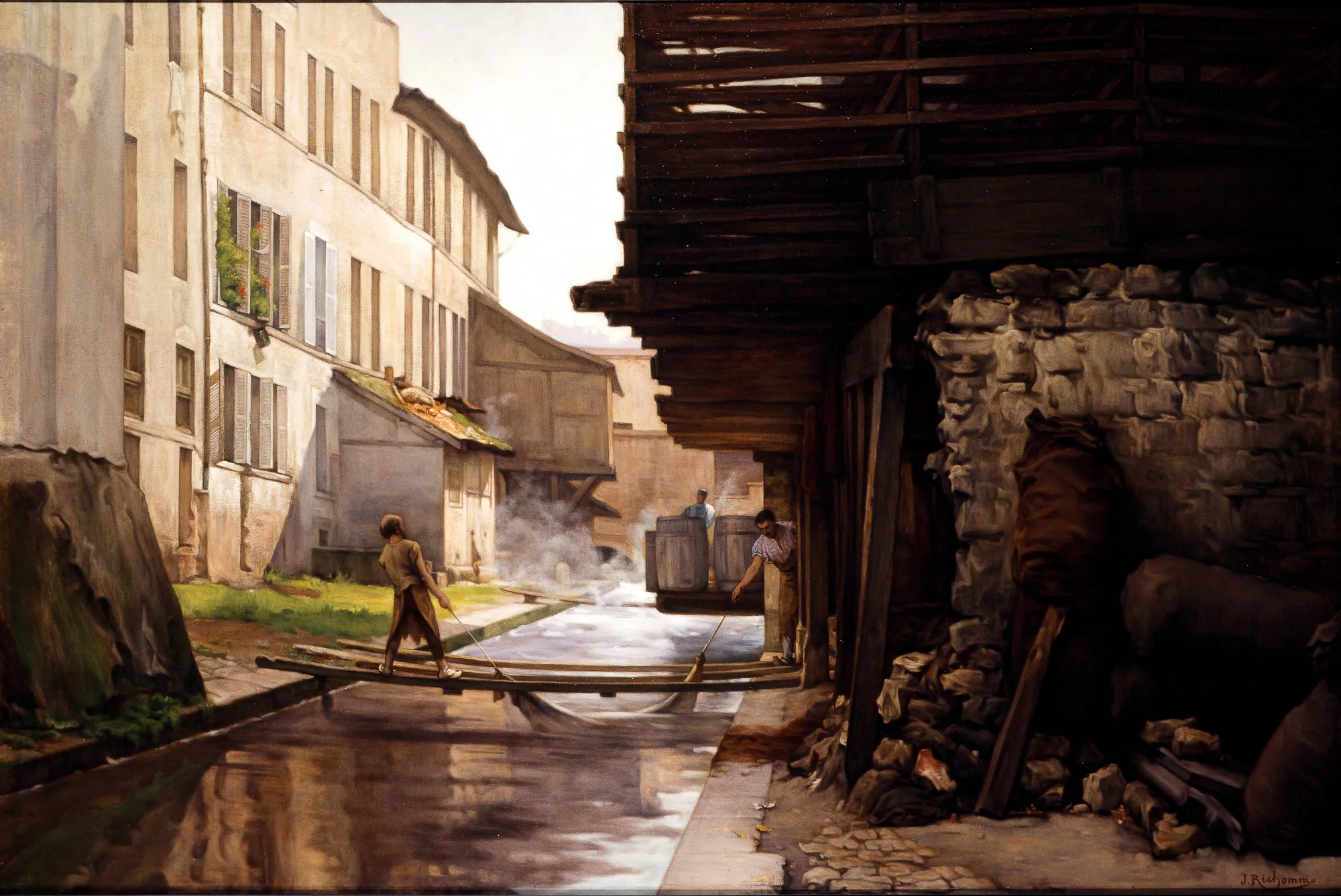 Tannerie sur la Bièvre Tannerie sur la Bièvre by Jules Richomme. A 19th-century oil painting depicting laborers at a tannery along the Bièvre river in Paris, with steam rising and stark light hitting tall buildings.