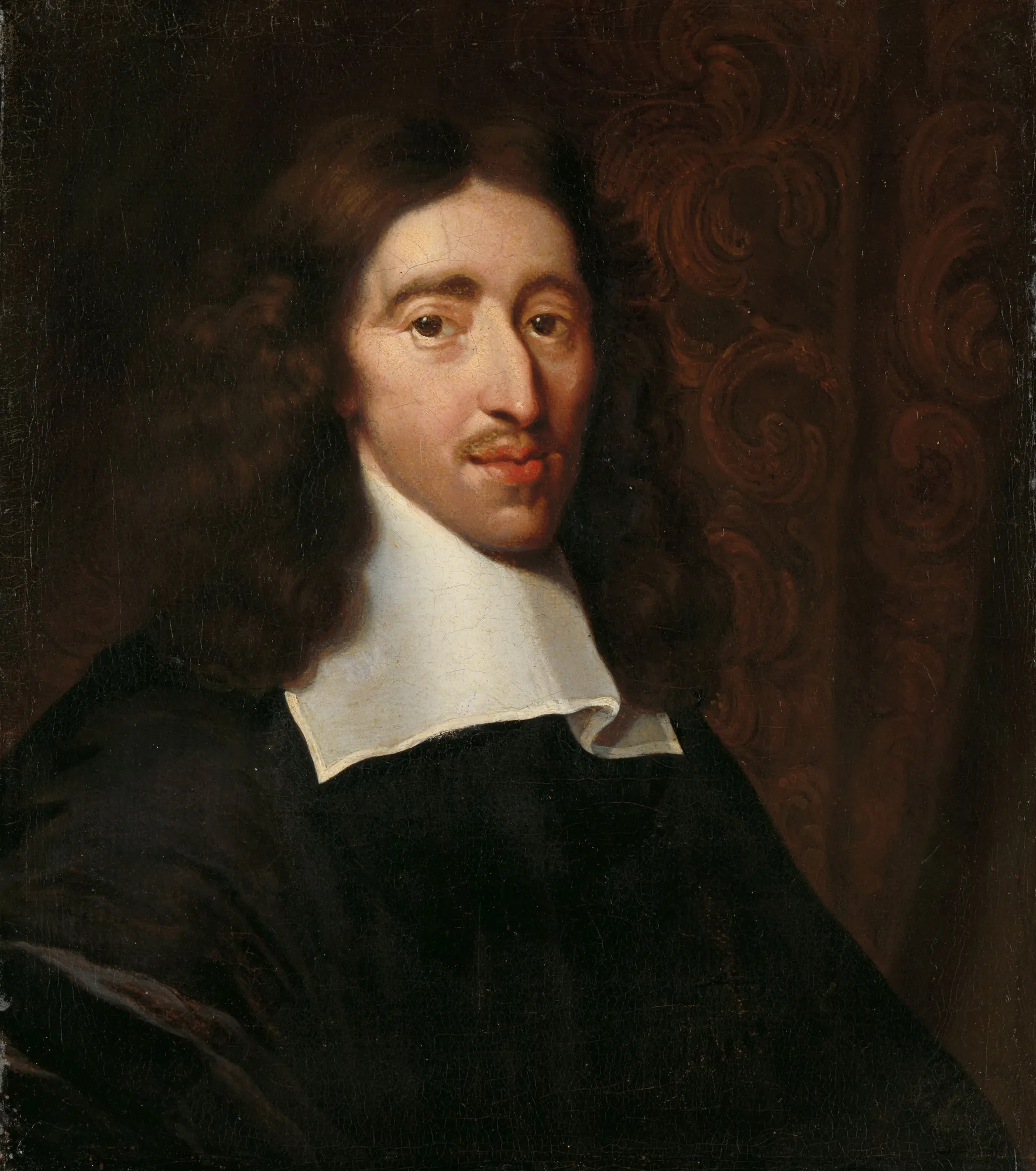 Portrait of Johan de Witt Portrait of Johan de Witt by Caspar Netscher. A shoulder-length portrait of a man with long, wavy brown hair and a mustache, wearing a crisp white collar over a dark garment against a patterned brown background.